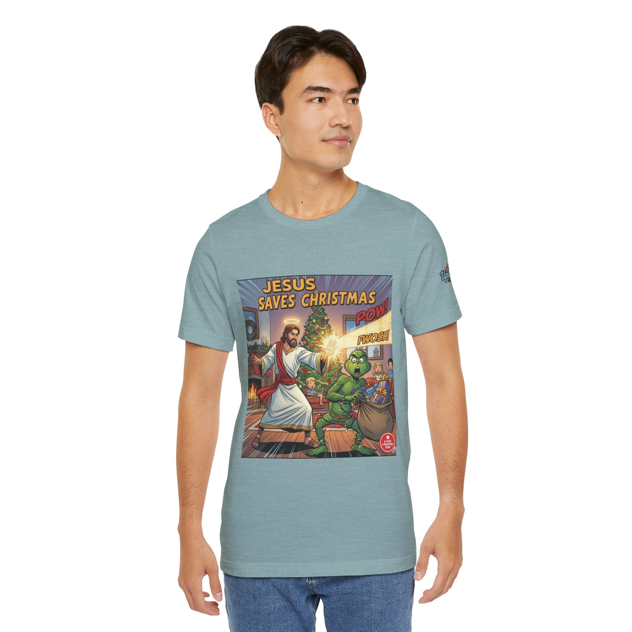 Jesus Saves Christmas T-shirt – Grinch vs Savior Light Battle Christian T-shirt for Hilarious Holiday Faith & True Joy Printify