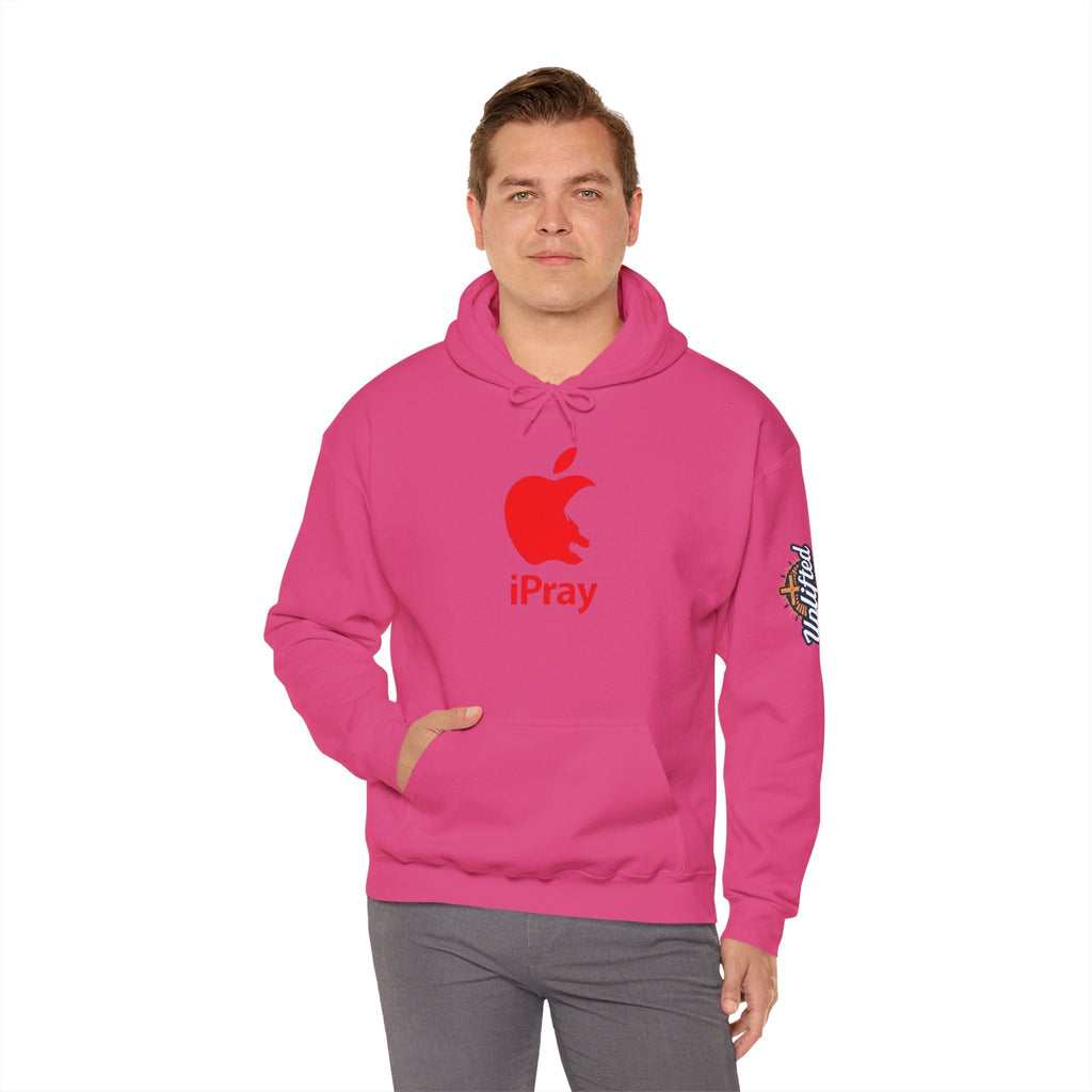 iPray Apple Logo Hoodie — Funny Christian Hoodie (Minimal Red Apple Graphic) Printify