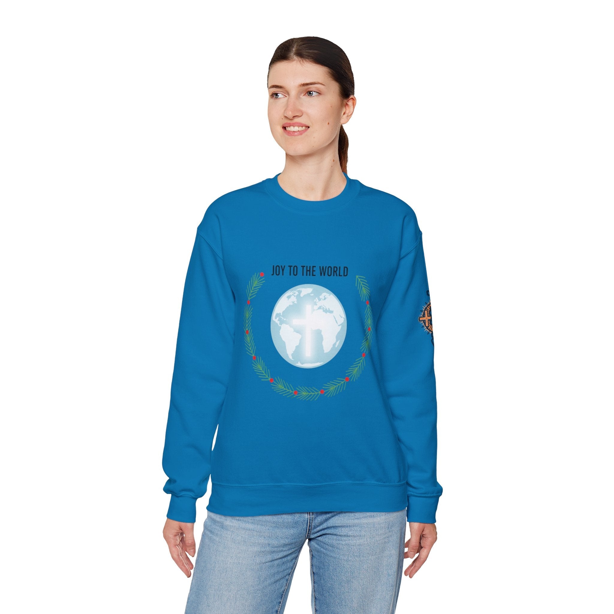 Joy to the World Sweatshirt – Wreath Earth Nativity Christian Christmas Sweatshirt for Isaiah 9:6 Holiday Faith & Festive Joy Printify