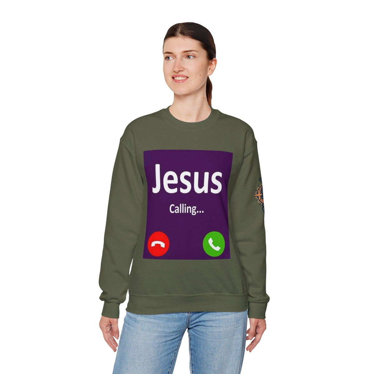 Jesus Calling Sweatshirt – Funny Cell Phone Screen Christian Sweatshirt for Divine Connection & Faith Humor Printify