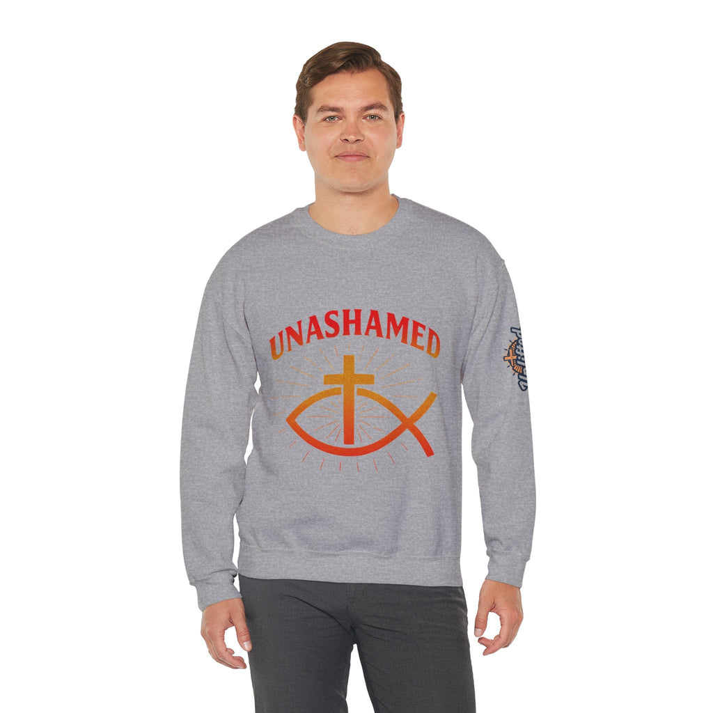 Unashamed Sweatshirt – Ichthys Jesus Fish & Cross Christian Sweatshirt for Romans 1:16 Bold Faith Printify