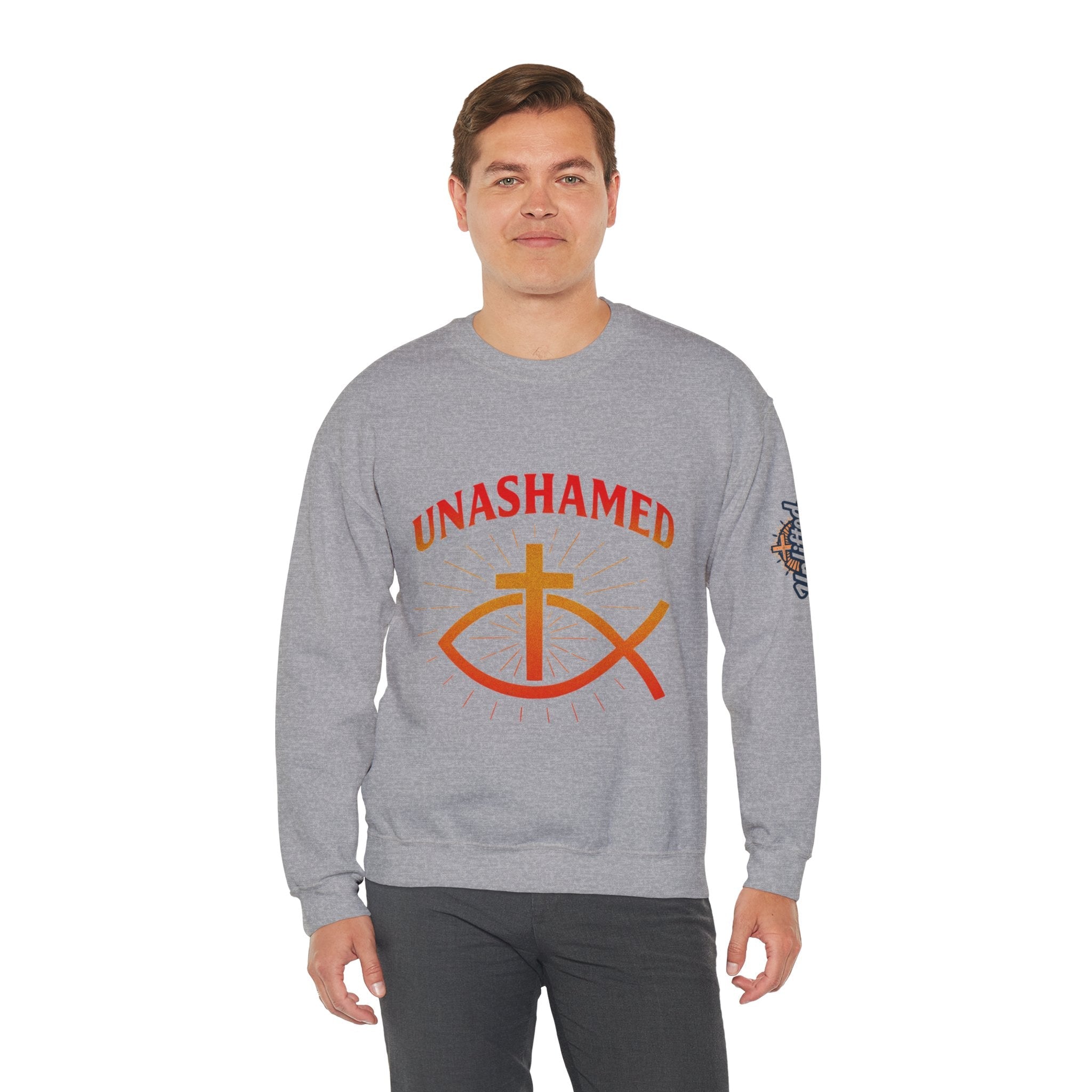 Unashamed Sweatshirt – Ichthys Jesus Fish & Cross Christian Sweatshirt for Romans 1:16 Bold Faith Printify