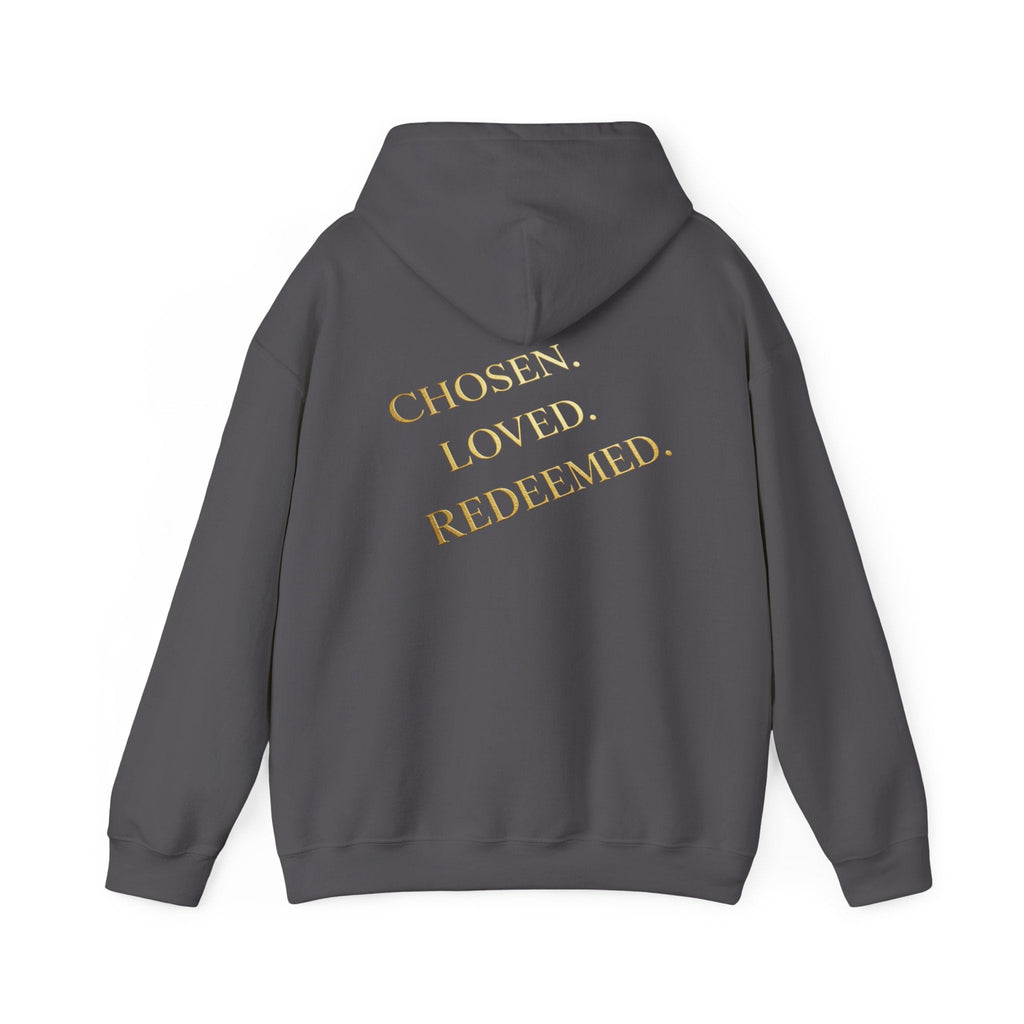 ✨ Chosen. Loved. Redeemed. – Elegant Christian Hoodie | Gold Foil Faith Tee | Subtle Cross & Heart Design | Inspirational Bible Verse Apparel by Uplifted Gear Printify