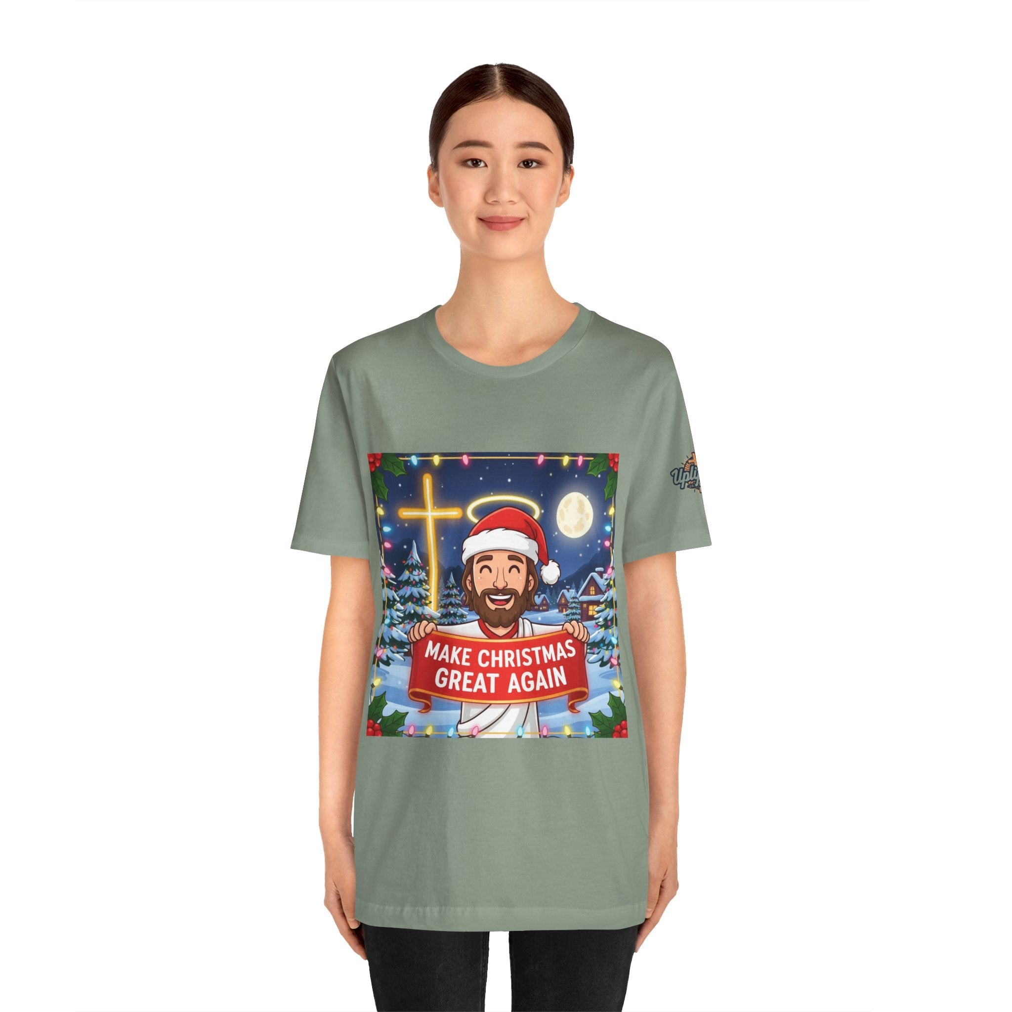 🎄 Make Christmas Great Again – Funny Christian T-Shirt | Jesus Holding Banner | Faith-Based Holiday Parody Tee | Uplifted Gear Printify