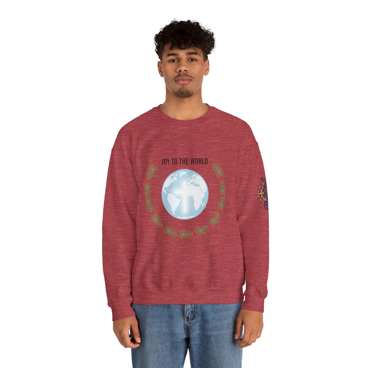 Joy to the World Sweatshirt – Wreath Earth Nativity Christian Christmas Sweatshirt for Isaiah 9:6 Holiday Faith & Festive Joy Printify