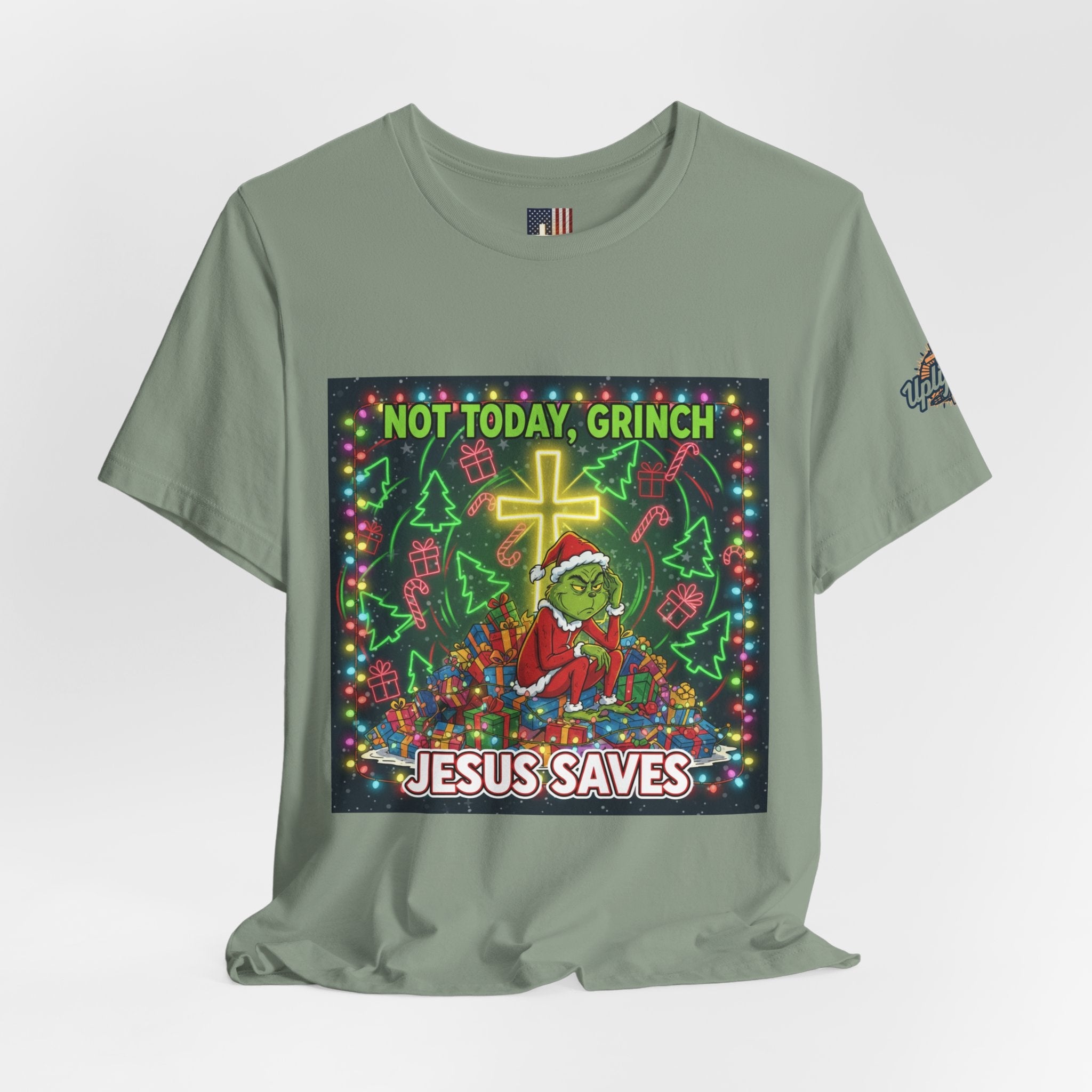 🎄 Not Today, Grinch – Jesus Saves | Funny Christian Christmas T-Shirt | Festive Green & Red Cartoon Style | Bold Faith Holiday Tee by Uplifted Gear Printify