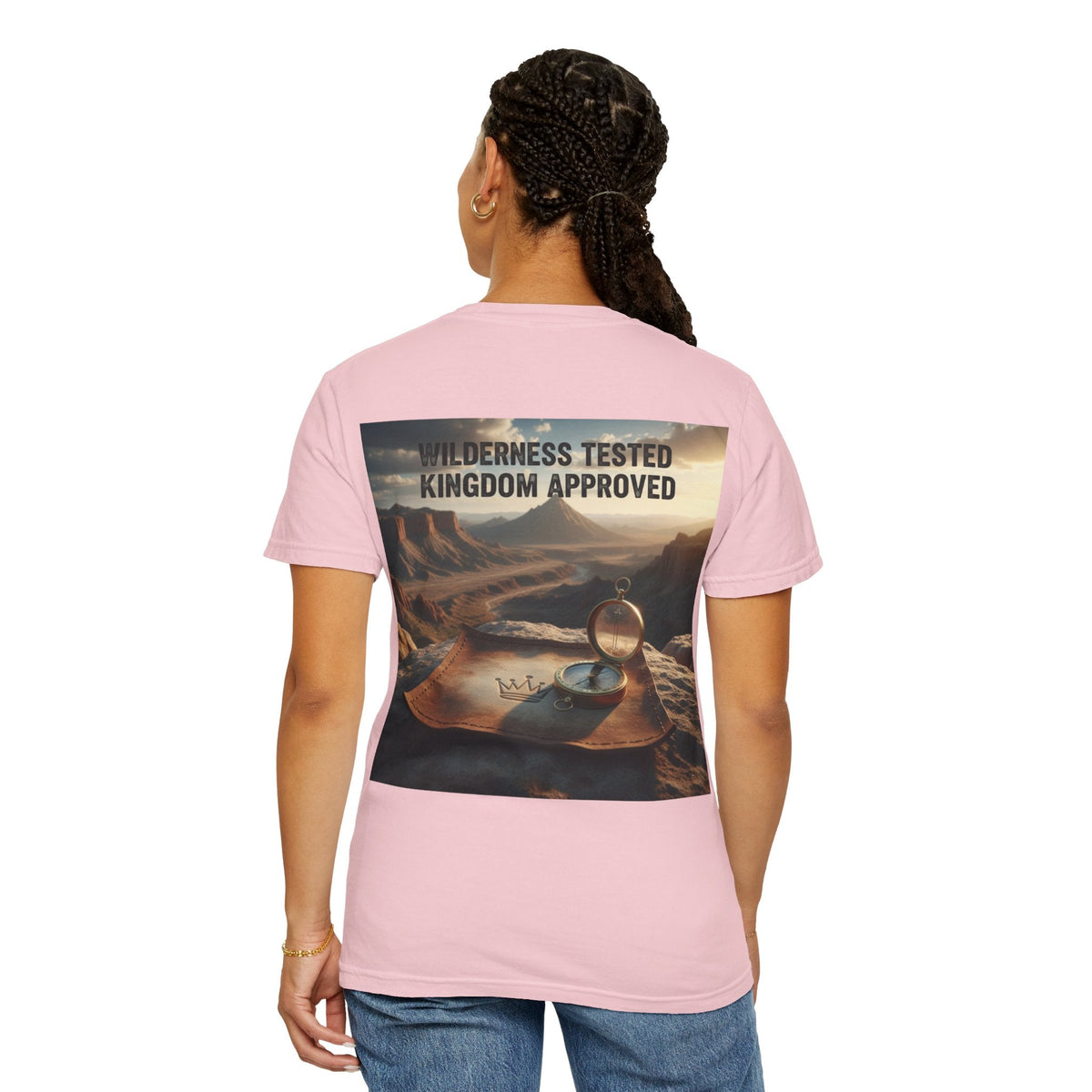 Wilderness Tested Kingdom Approved T-shirt – Mountain Desert Compass Crown Christian T-shirt for Biblical Adventure Faith Printify