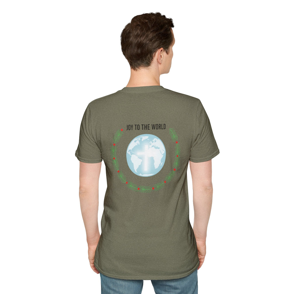 Joy to the World T-shirt – Wreath Earth Nativity Christian Christmas T-shirt for Isaiah 9:6 Holiday Faith & Festive Joy Printify
