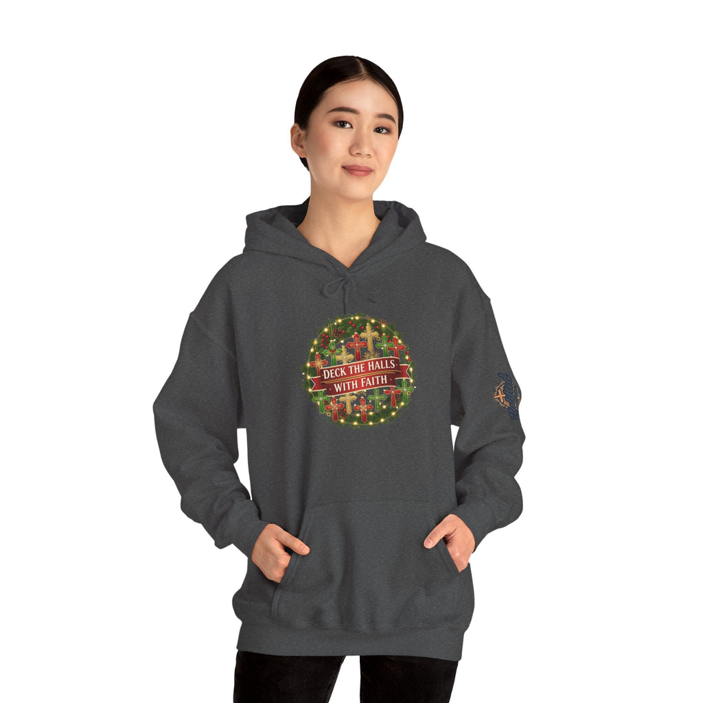 🎄 Deck the Halls with Faith – Christian Christmas Hoodie | Cross Ornament Design & Festive Garland | Bold Holiday Faith Tee by Uplifted Gear Printify