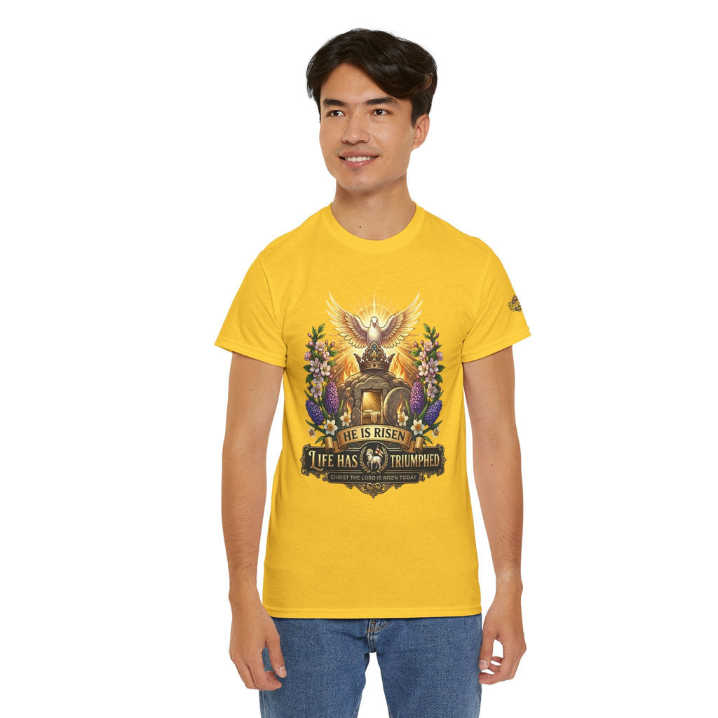 He Is Risen "Life Has Triumphed" T-Shirt — Easter Resurrection Christian Tee Printify