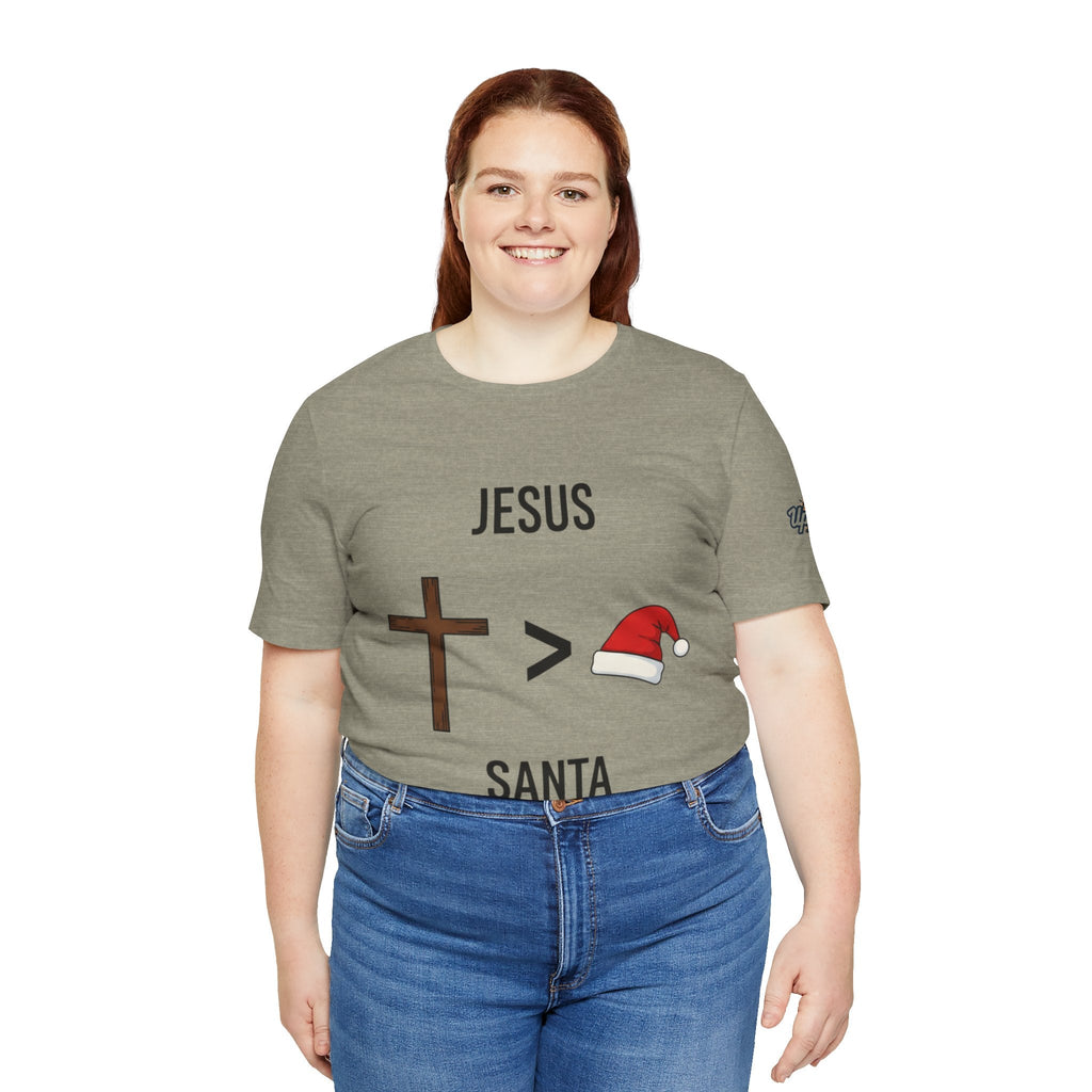 🎄 Jesus > Santa – Minimalist Christian Christmas T-Shirt | Bold Faith Over Holiday Tee | Cross vs Santa Hat Design | Uplifted Gear Printify