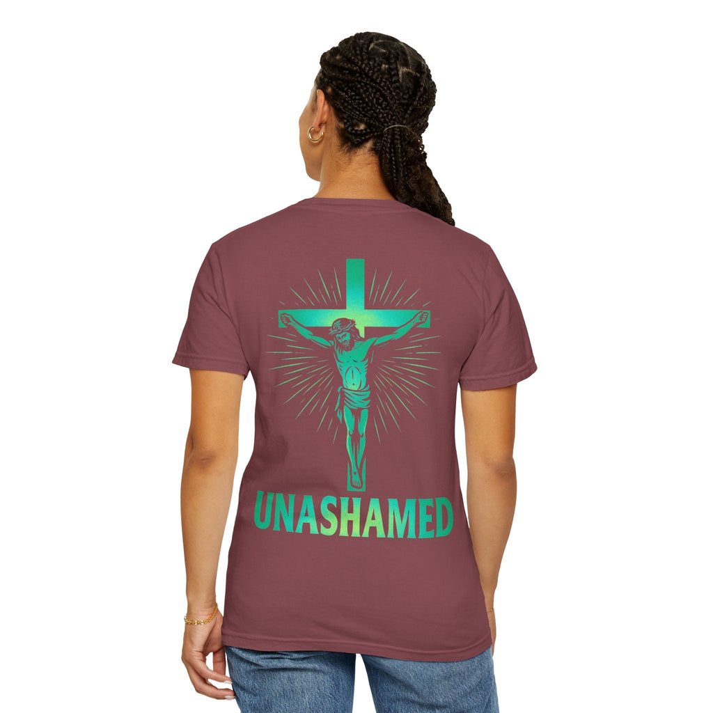 Unashamed T-shirt – Romans 1:16 Crucifixion Christian t-shirt for Bold Unwavering Faith Printify