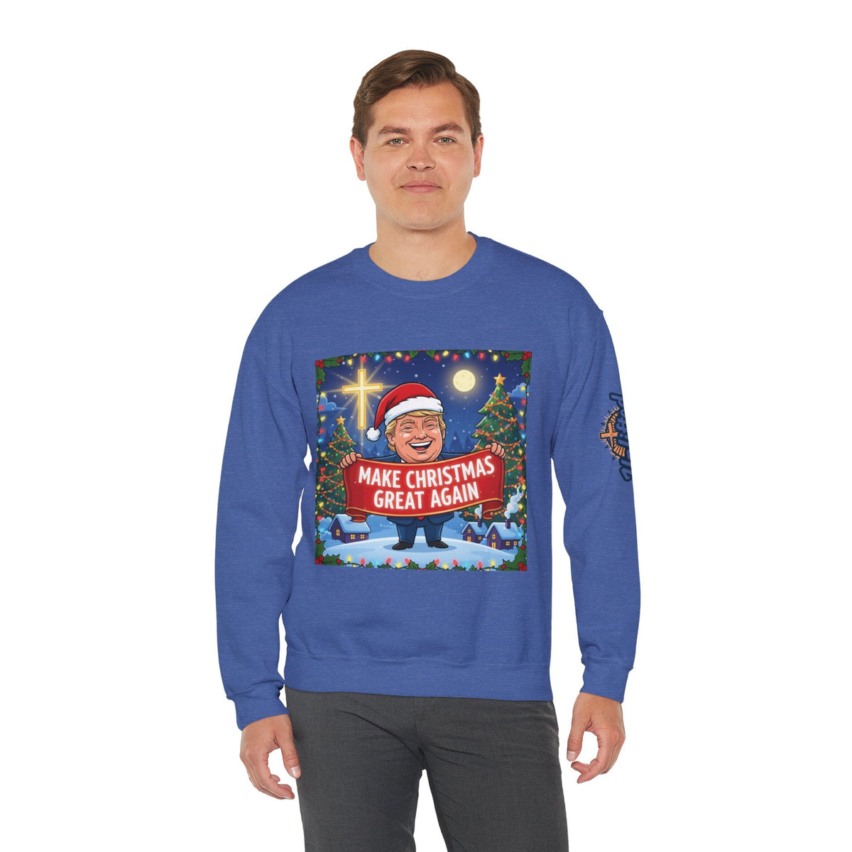 🎄 Make Christmas Great Again – Patriotic Christian Christmas Sweatshirt | Bold Holiday Faith Tee | Red & White Banner Design | Uplifted Gear Printify