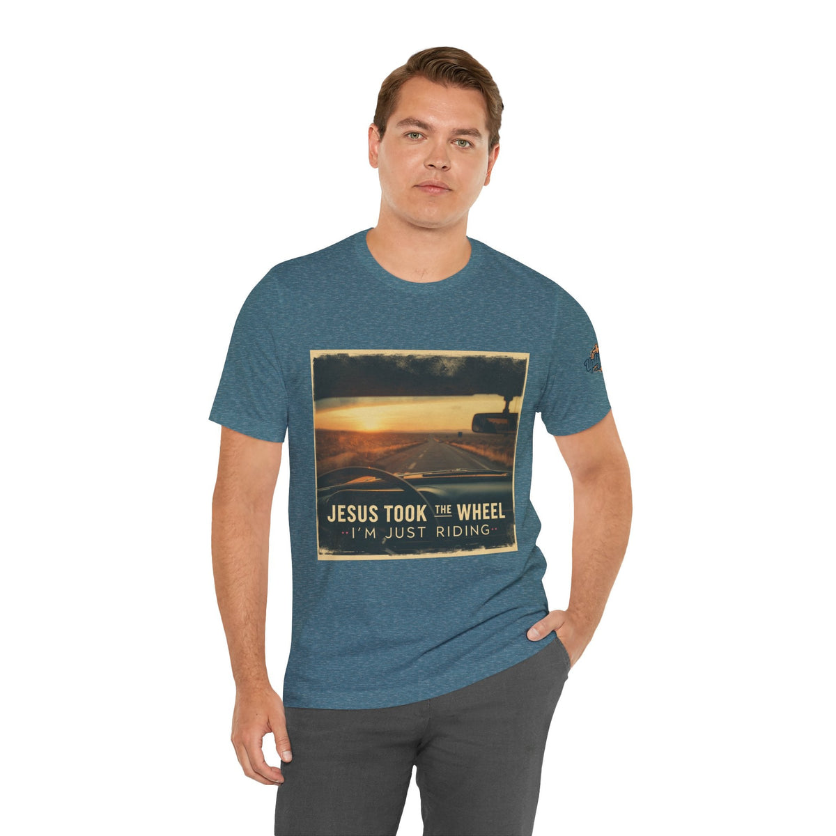Jesus Took the Wheel I'm Just Riding T-shirt – Funny Christian Convertible Car T-shirt for Surrendered Faith & Humor Printify