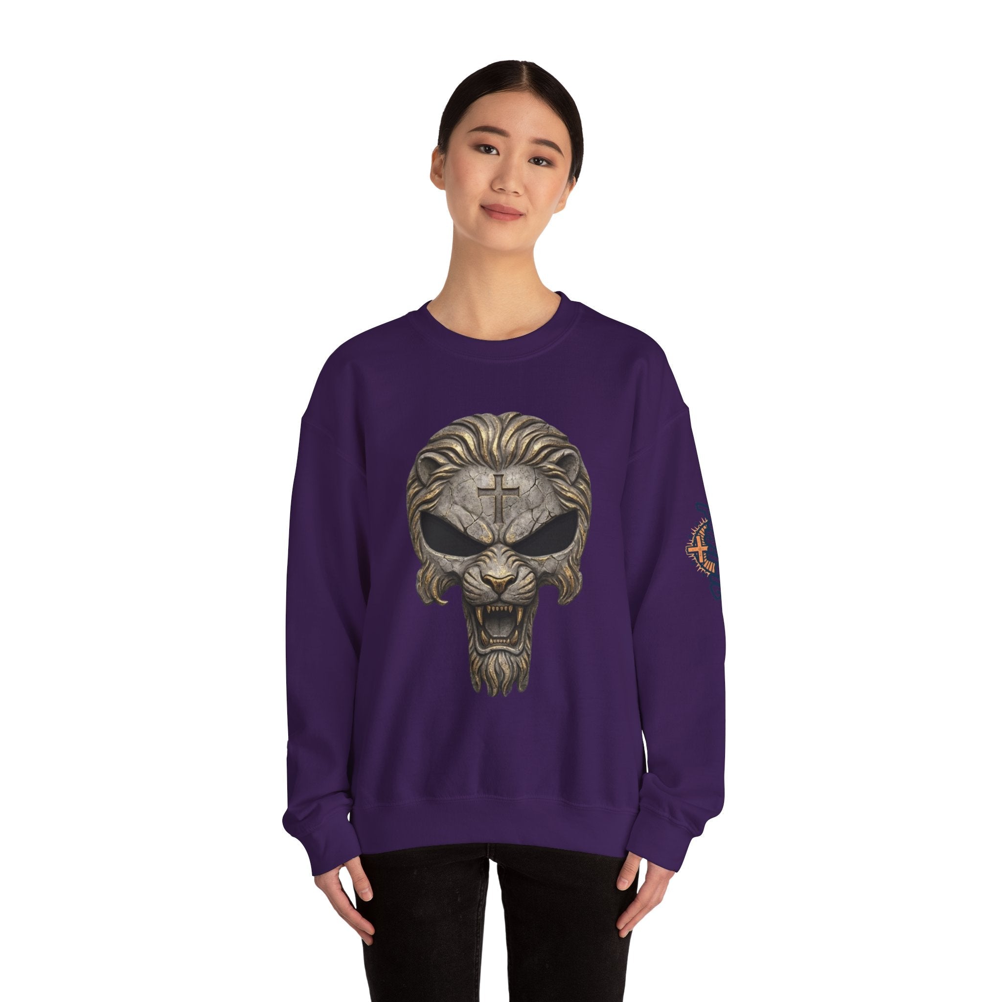 Lion of Judah Skull Christian Sweatshirt - Warrior Faith Cross Sweatshirt Printify