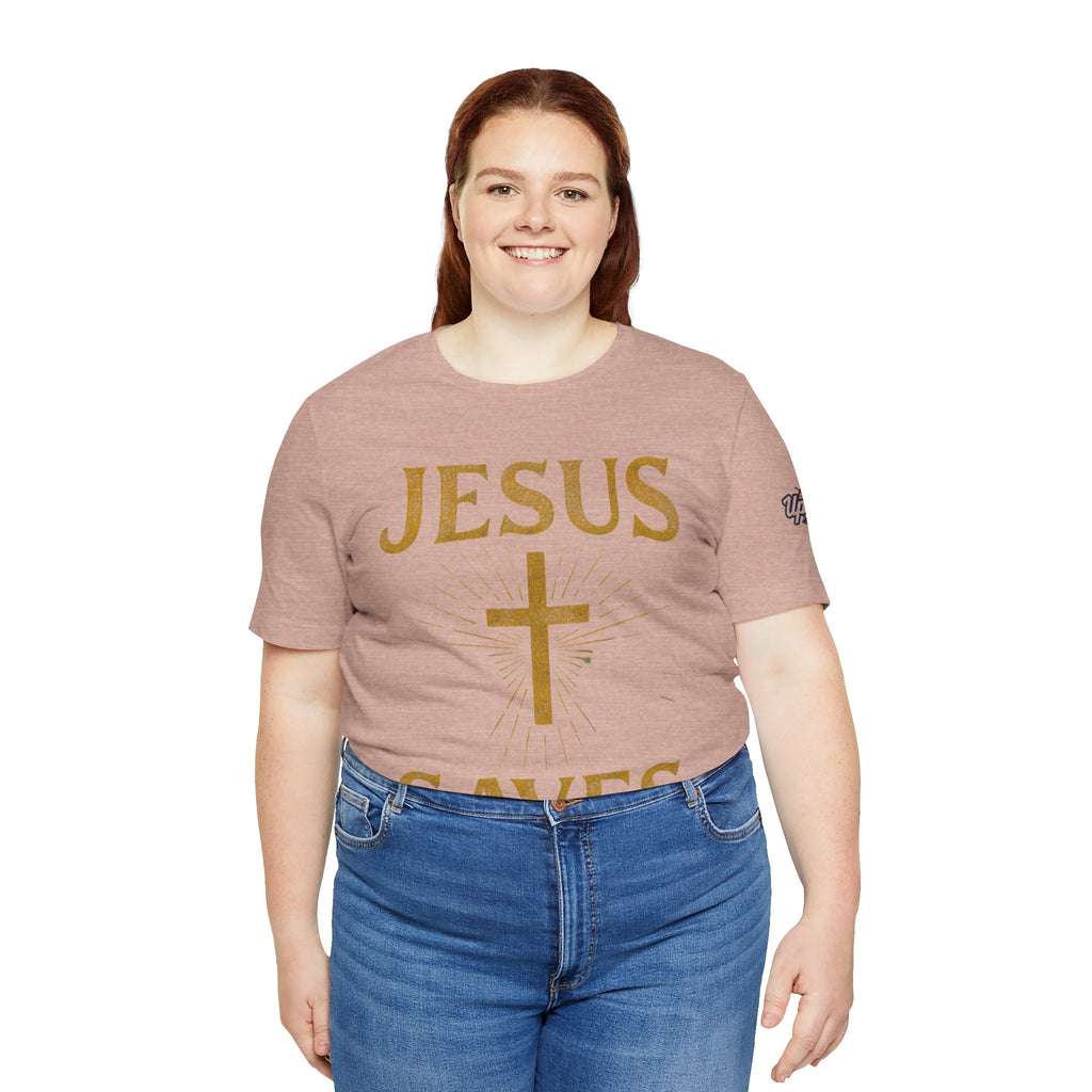 Jesus Saves T-shirt – Radiant Cross & Rays of Light Christian T-shirt for Eternal Hope & Faith Printify