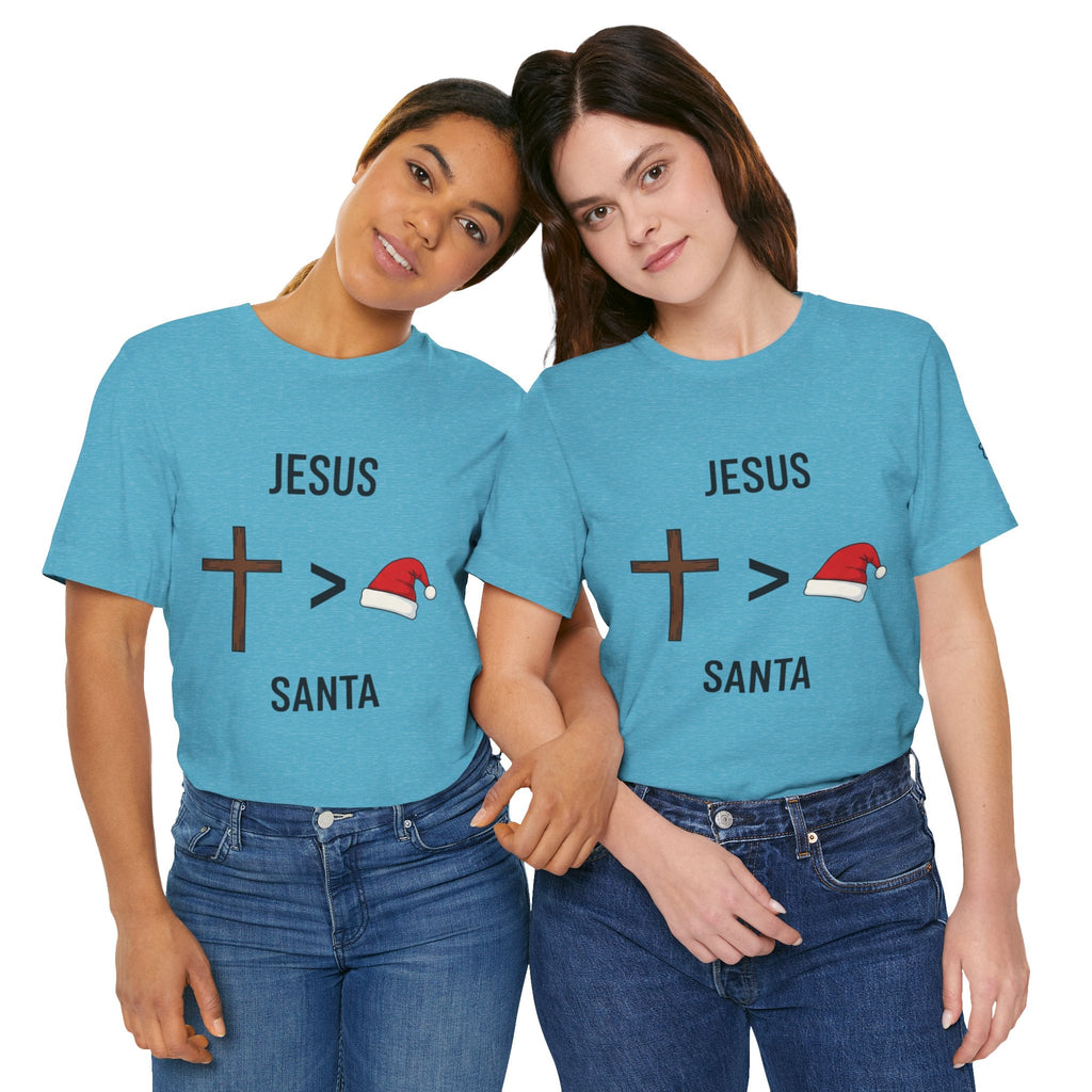 🎄 Jesus > Santa – Minimalist Christian Christmas T-Shirt | Bold Faith Over Holiday Tee | Cross vs Santa Hat Design | Uplifted Gear Printify