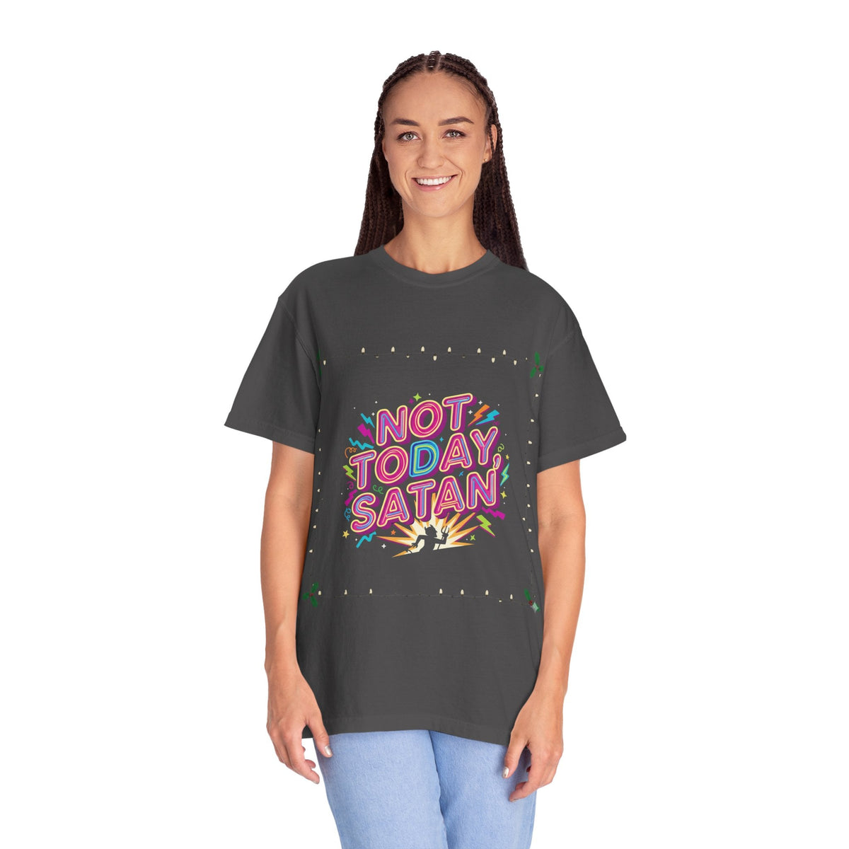 🔥 Not Today, Satan – Retro 90s Christian T-Shirt | Neon Faith Tee | Funky Cartoon Devil | Bold Bible Verse Shirt | Uplifted Gear Printify