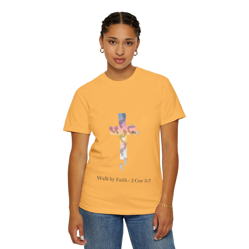 Walk by Faith T-Shirt – Cross & Footprints Christian Tee for Bold Believers Printify