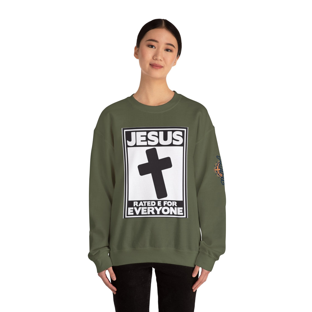 Jesus, Rated E for Everyone Sweatshirt - Gamer Faith Sweatshirt - Christian Video Game Parody Printify