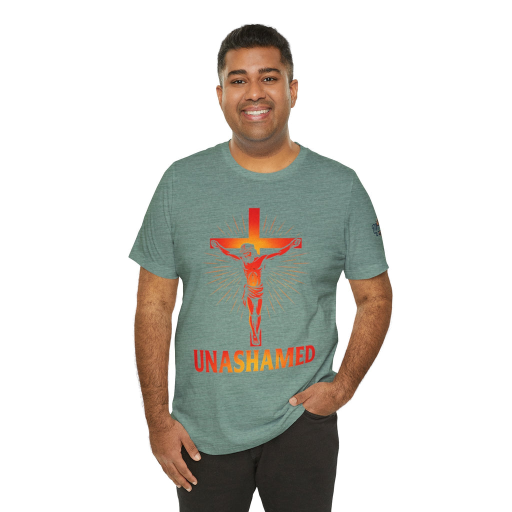 Unashamed T-shirt – Romans 1:16 Crucifixion Christian t-shirt for Bold Unwavering Faith Printify