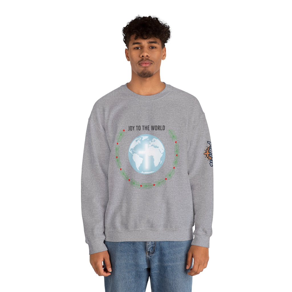 Joy to the World Sweatshirt – Wreath Earth Nativity Christian Christmas Sweatshirt for Isaiah 9:6 Holiday Faith & Festive Joy Printify