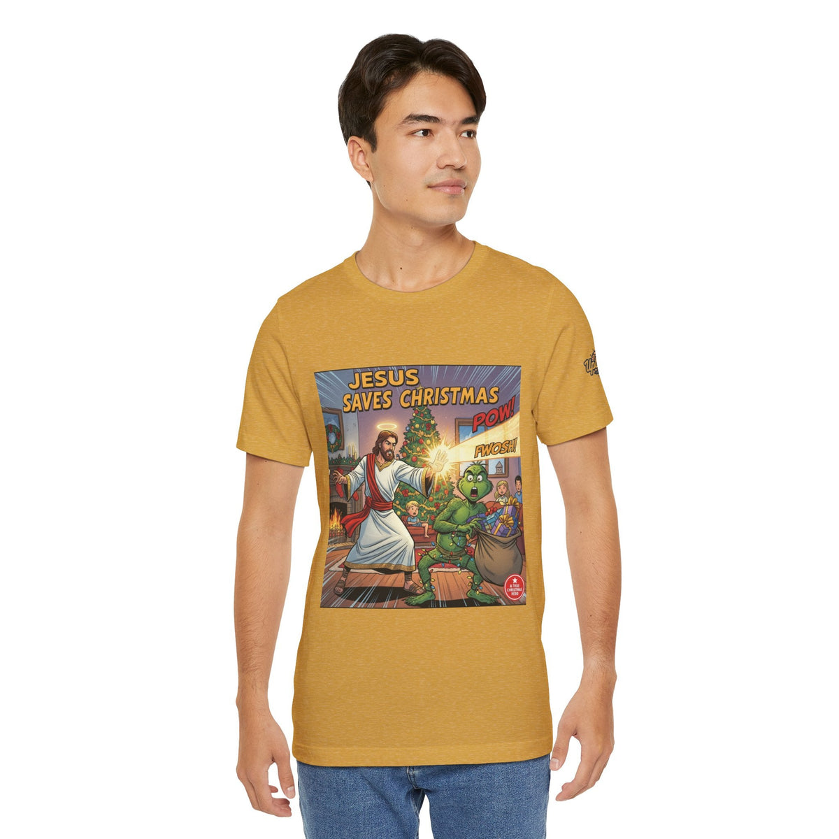 Jesus Saves Christmas T-shirt – Grinch vs Savior Light Battle Christian T-shirt for Hilarious Holiday Faith & True Joy Printify