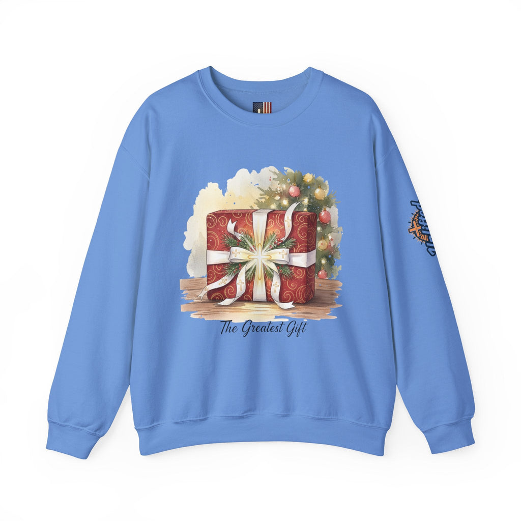 The Greatest Gift Sweatshirt – Cross Bow Present Christian Sweatshirt for Christmas Salvation & Eternal Faith Printify