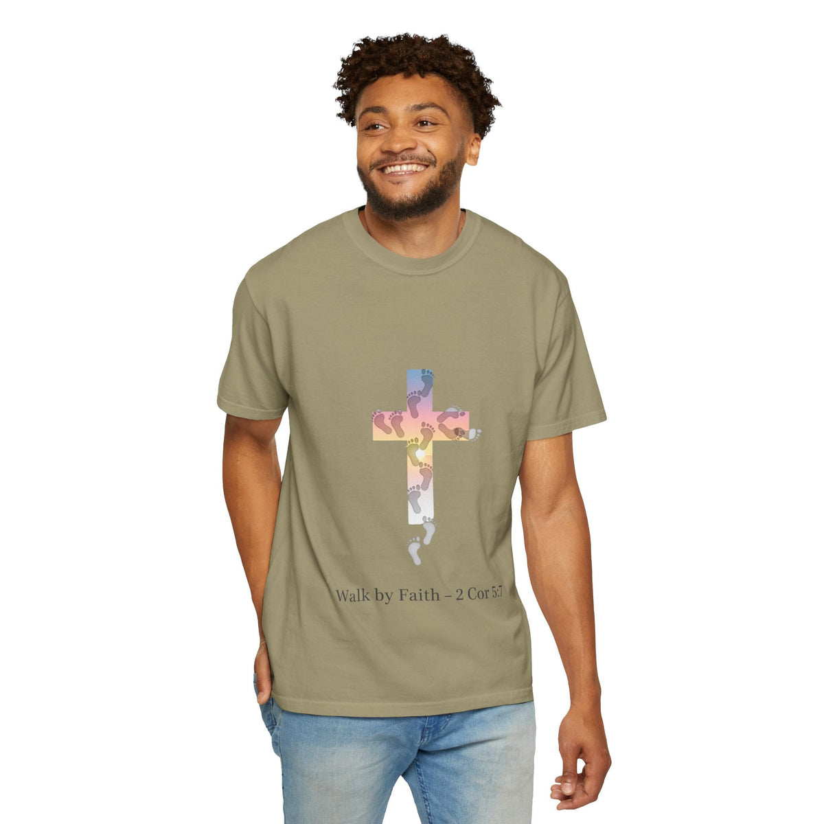 Walk by Faith T-Shirt – Cross & Footprints Christian Tee for Bold Believers Printify