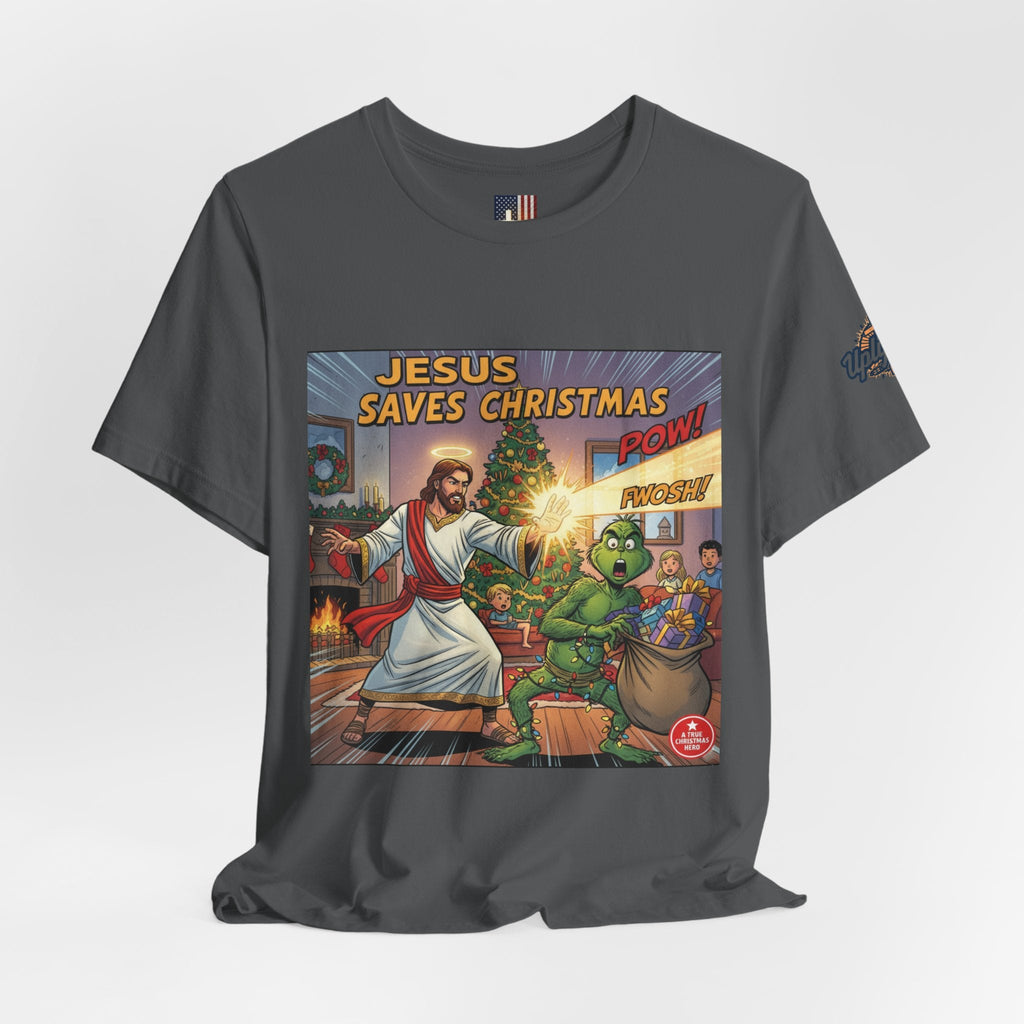 Jesus Saves Christmas T-shirt – Grinch vs Savior Light Battle Christian T-shirt for Hilarious Holiday Faith & True Joy Printify