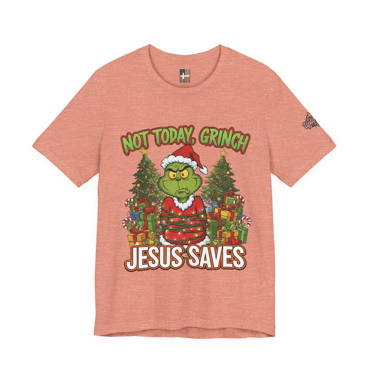 🎄 Not Today, Grinch – Jesus Saves | Funny Christian Christmas T-Shirt | Sulking Grinch & Glowing Cross | Bold Neon Faith Tee by Uplifted Gear Printify
