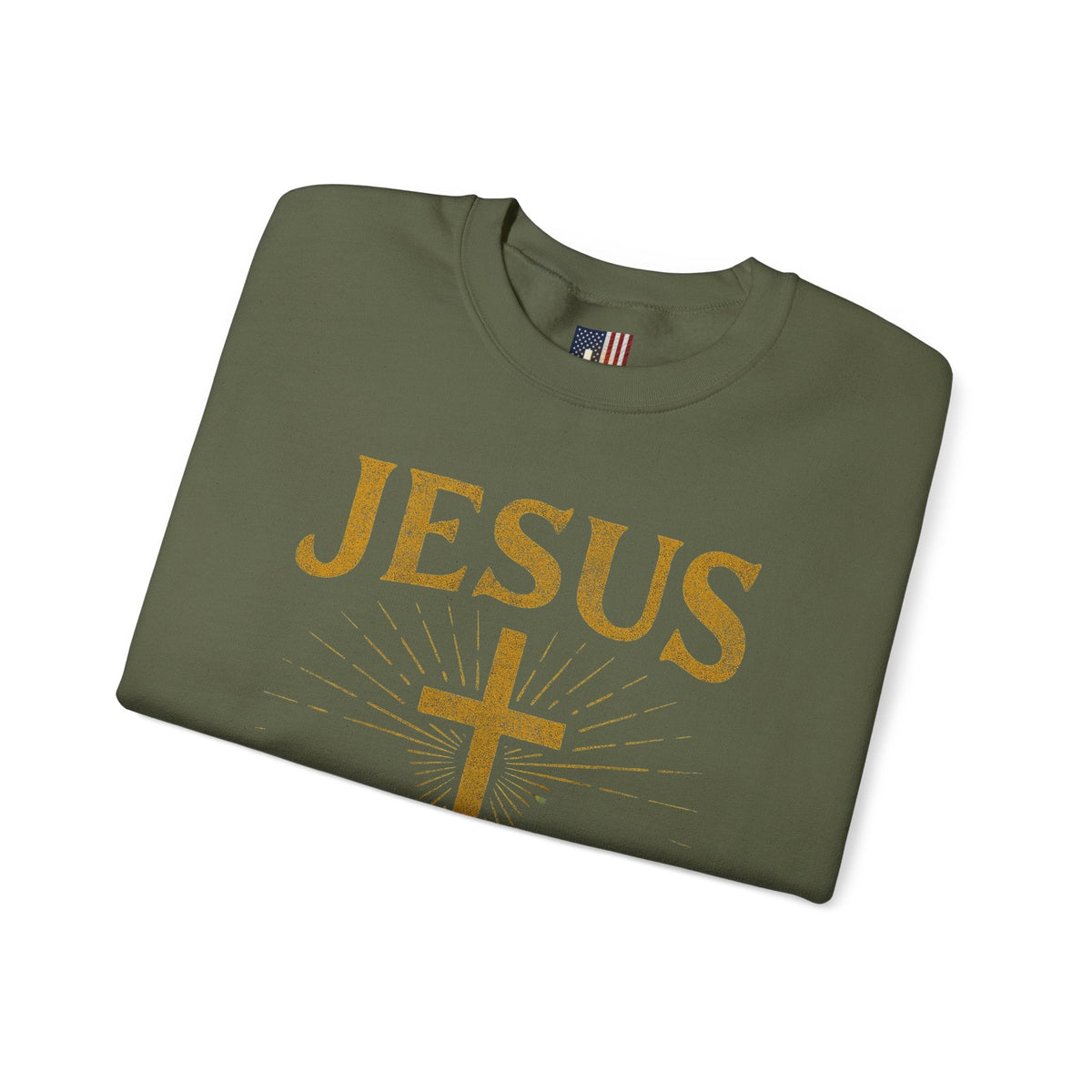 Jesus Saves Sweatshirt – Radiant Cross & Rays of Light Christian Sweatshirt for Eternal Hope & Faith Printify