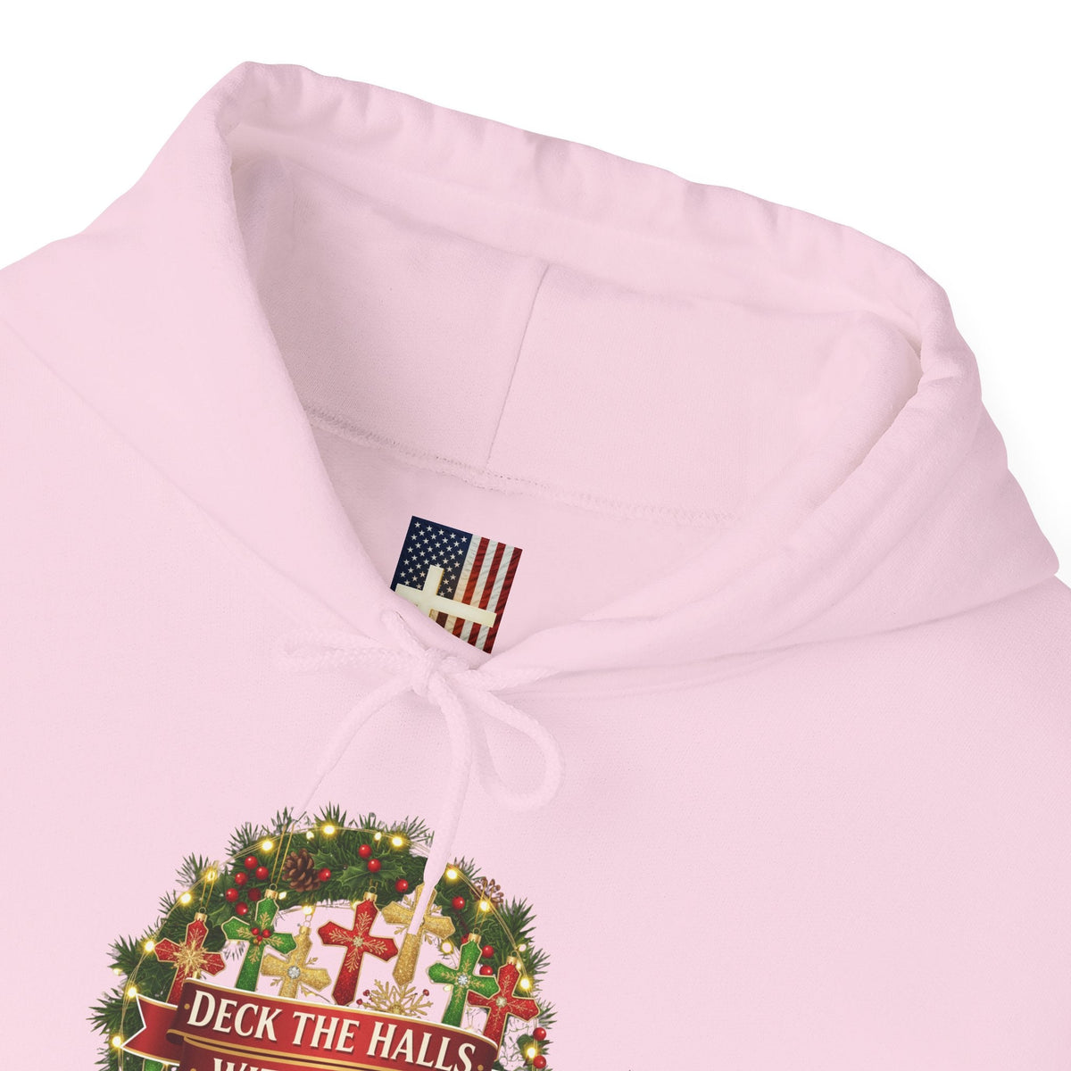 🎄 Deck the Halls with Faith – Christian Christmas Hoodie | Cross Ornament Design & Festive Garland | Bold Holiday Faith Tee by Uplifted Gear Printify