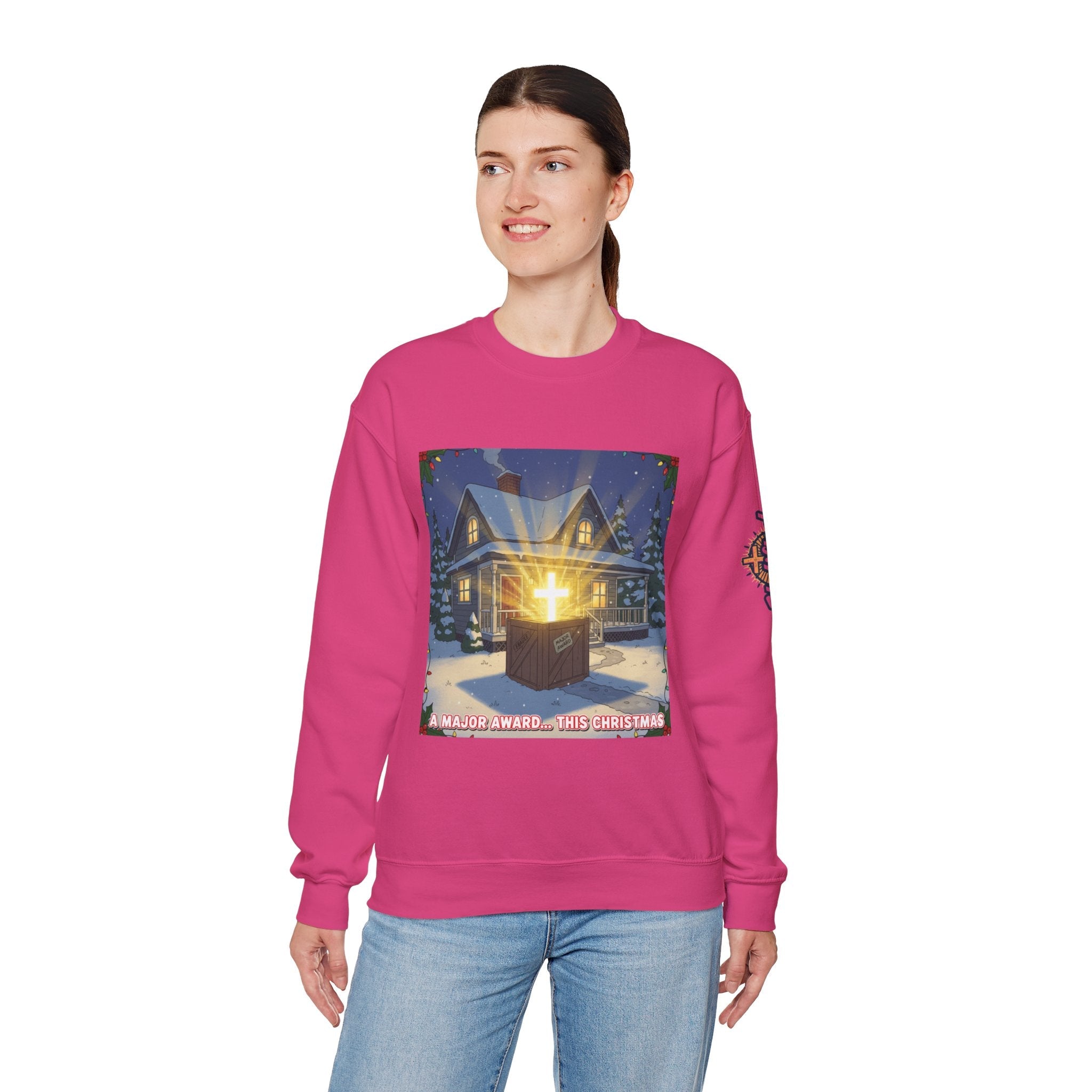A Major Award This Christmas Sweatshirt – Fragile Leg Lamp Parody Cross Unboxing Christian Sweatshirt for Hilarious Faith & Holiday Glow Printify