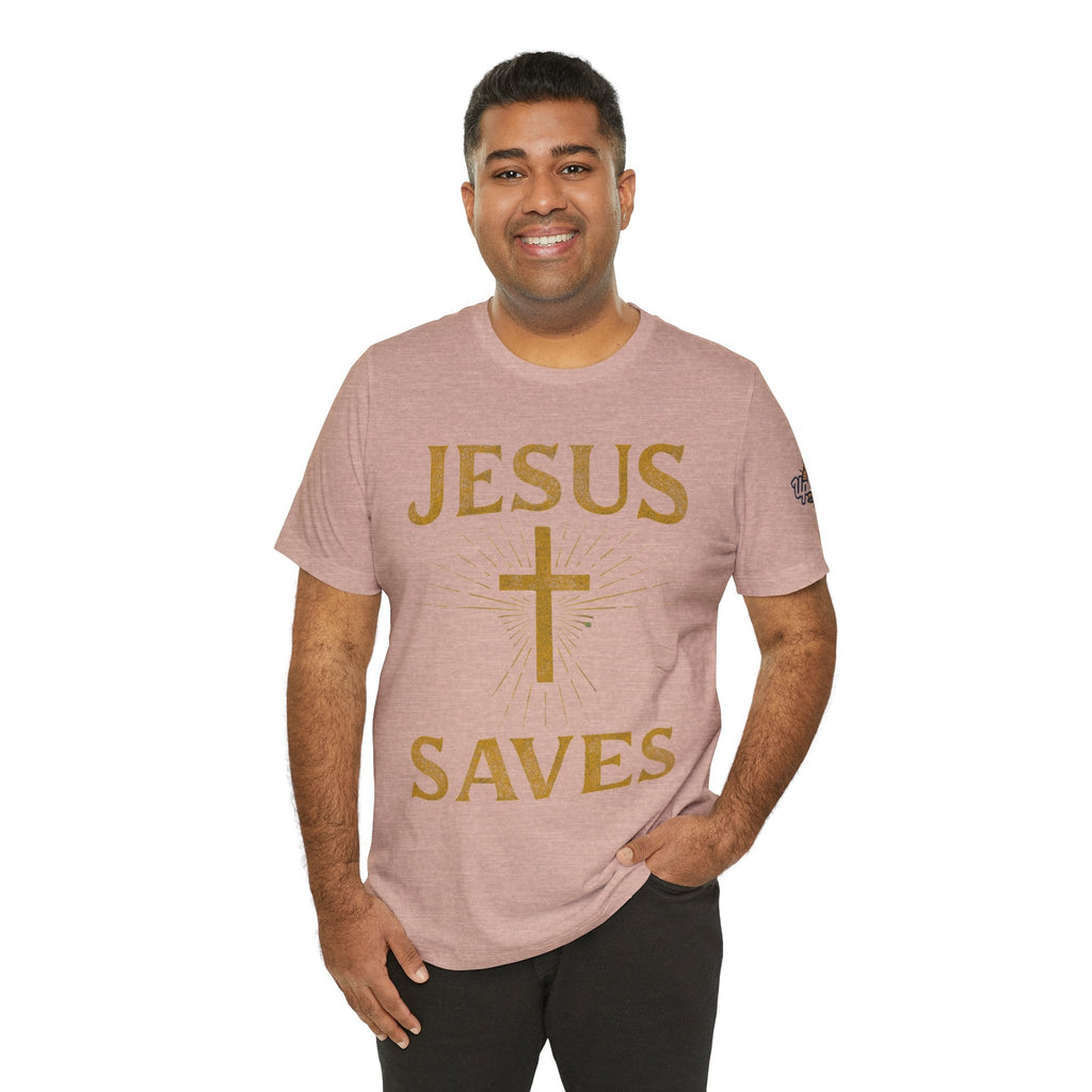 Jesus Saves T-shirt – Radiant Cross & Rays of Light Christian T-shirt for Eternal Hope & Faith Printify