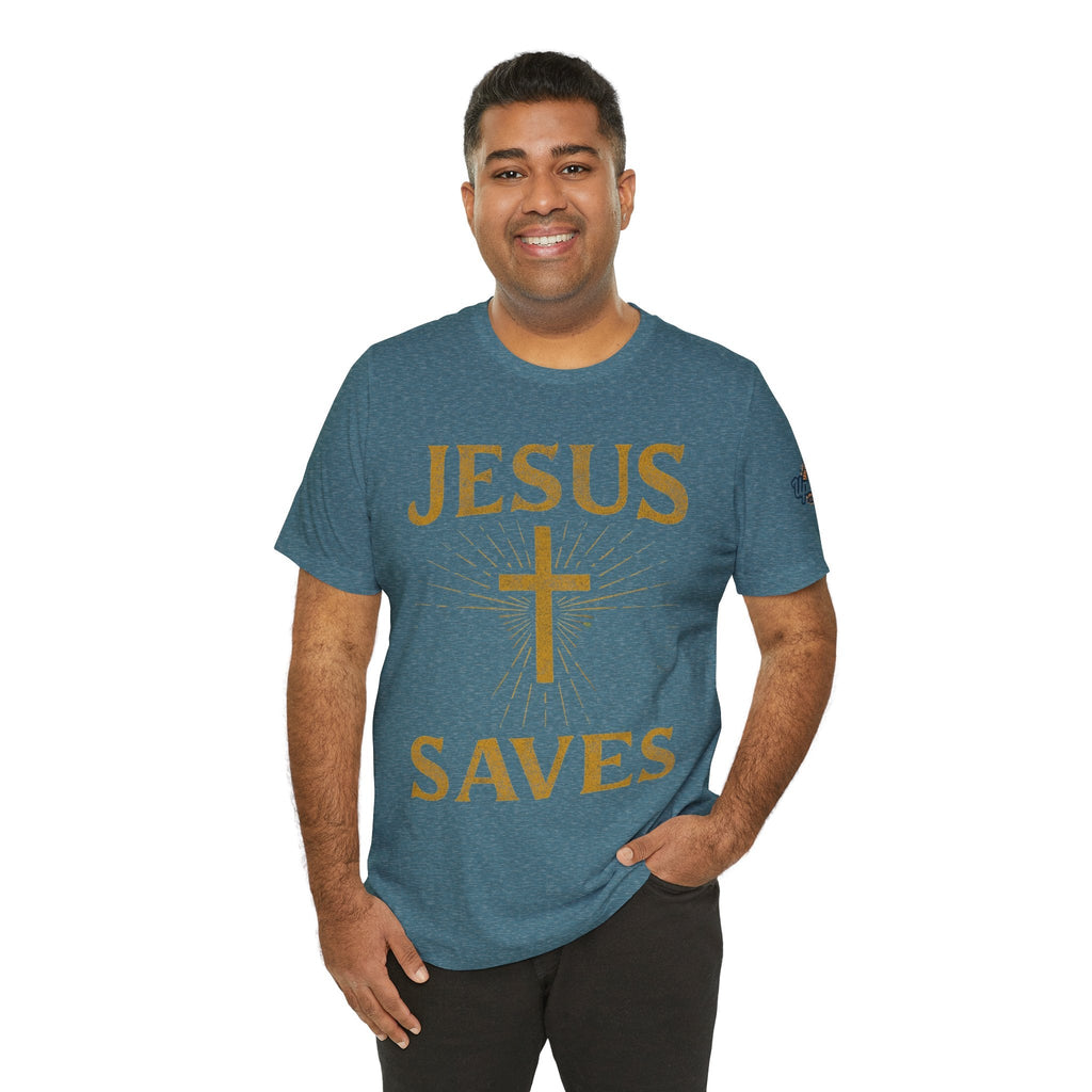 Jesus Saves T-shirt – Radiant Cross & Rays of Light Christian T-shirt for Eternal Hope & Faith Printify