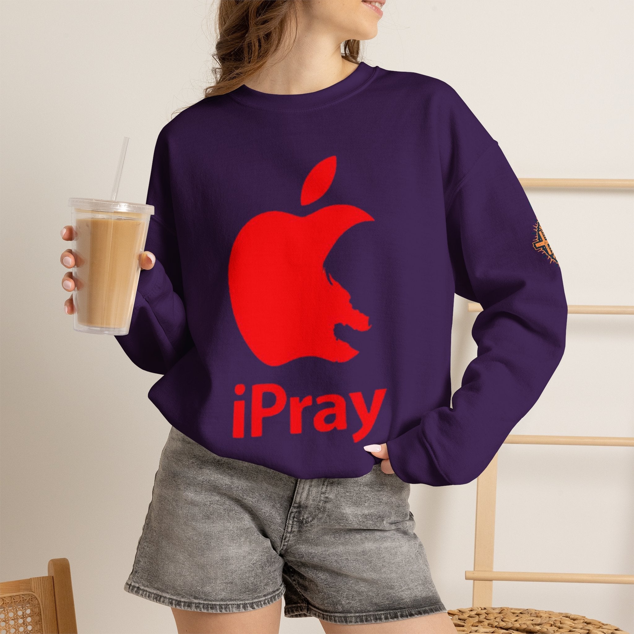 iPray Apple Logo Sweatshirt — Funny Christian Sweatshirt (Minimal Red Apple Graphic) Printify