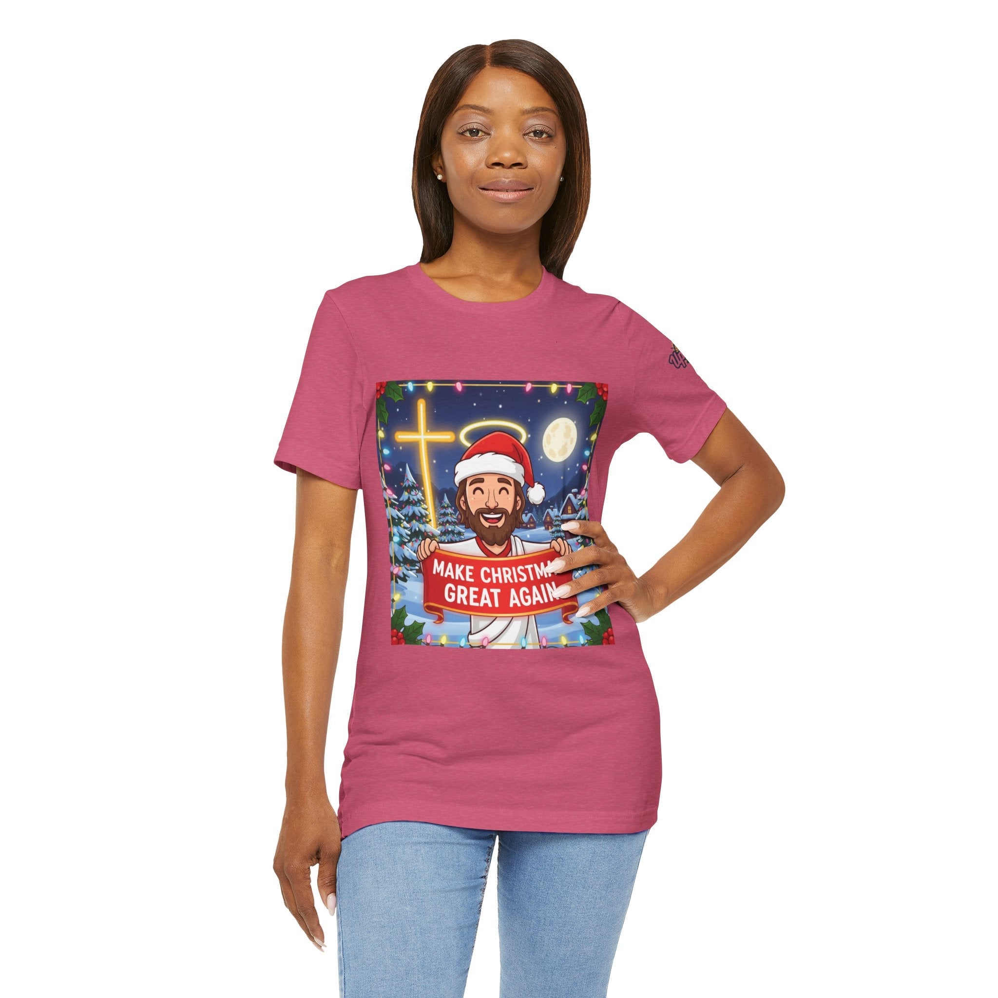 🎄 Make Christmas Great Again – Funny Christian T-Shirt | Jesus Holding Banner | Faith-Based Holiday Parody Tee | Uplifted Gear Printify
