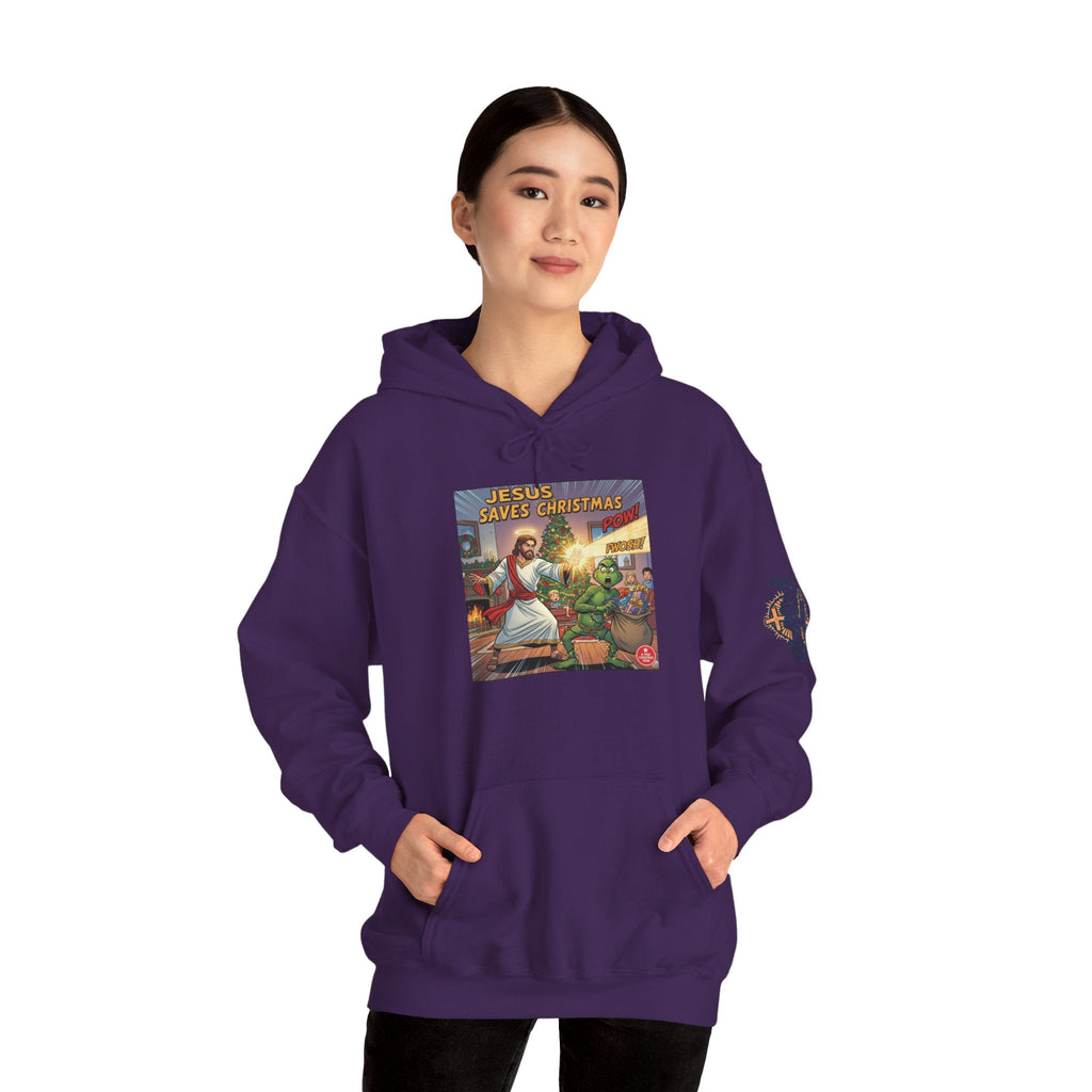 Jesus Saves Christmas Hoodie – Grinch vs Savior Light Battle Christian Sweatshirt for Hilarious Holiday Faith & True Joy Printify