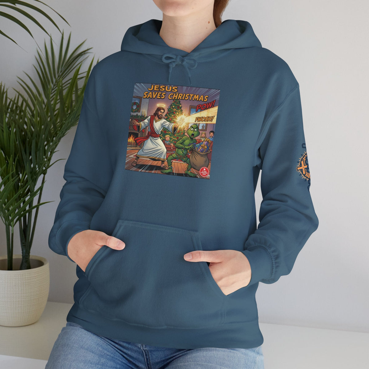 Jesus Saves Christmas Hoodie – Grinch vs Savior Light Battle Christian Sweatshirt for Hilarious Holiday Faith & True Joy Printify