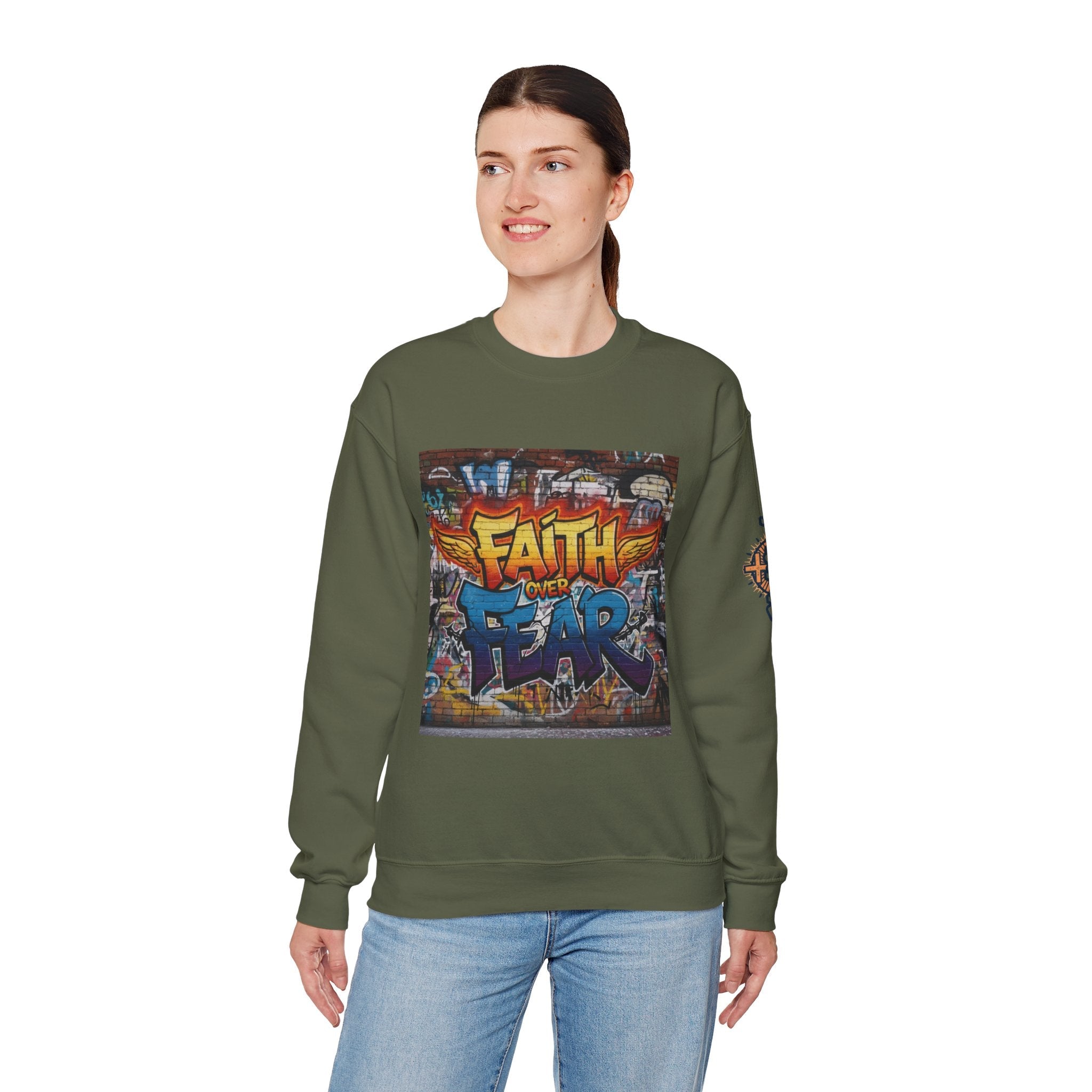 Faith Over Fear Sweatshirt – Graffiti Wall Christian Sweatshirt for Bold 2 Corinthians 5:7 Streetwear & Unshakable Faith Printify