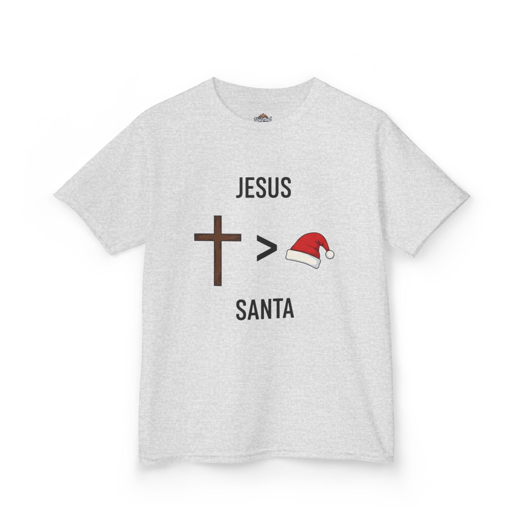 🎄 Jesus > Santa – Minimalist Christian Christmas Kids T-Shirt | Bold Faith Over Holiday Tee | Cross vs Santa Hat Design | Uplifted Gear Printify