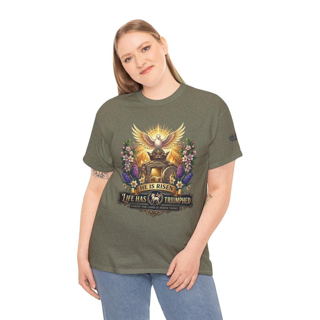 He Is Risen "Life Has Triumphed" T-Shirt — Easter Resurrection Christian Tee Printify