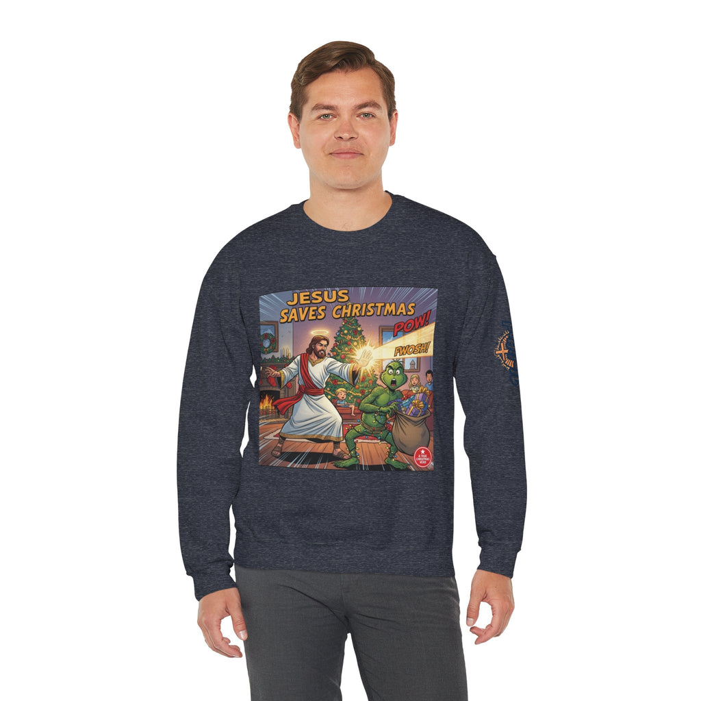 Jesus Saves Christmas Sweatshirt – Grinch vs Savior Light Battle Christian Sweatshirt for Hilarious Holiday Faith & True Joy Printify
