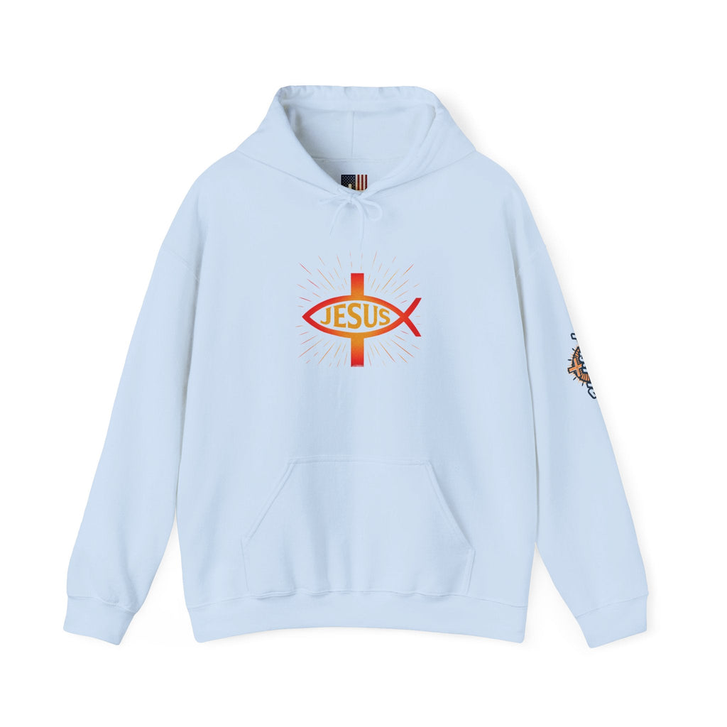 Jesus Ichthys Hoodie – Christian Fish Symbol with Cross & Jesus Inscription Sweatshirt for Eternal Faith & Streetwear Printify