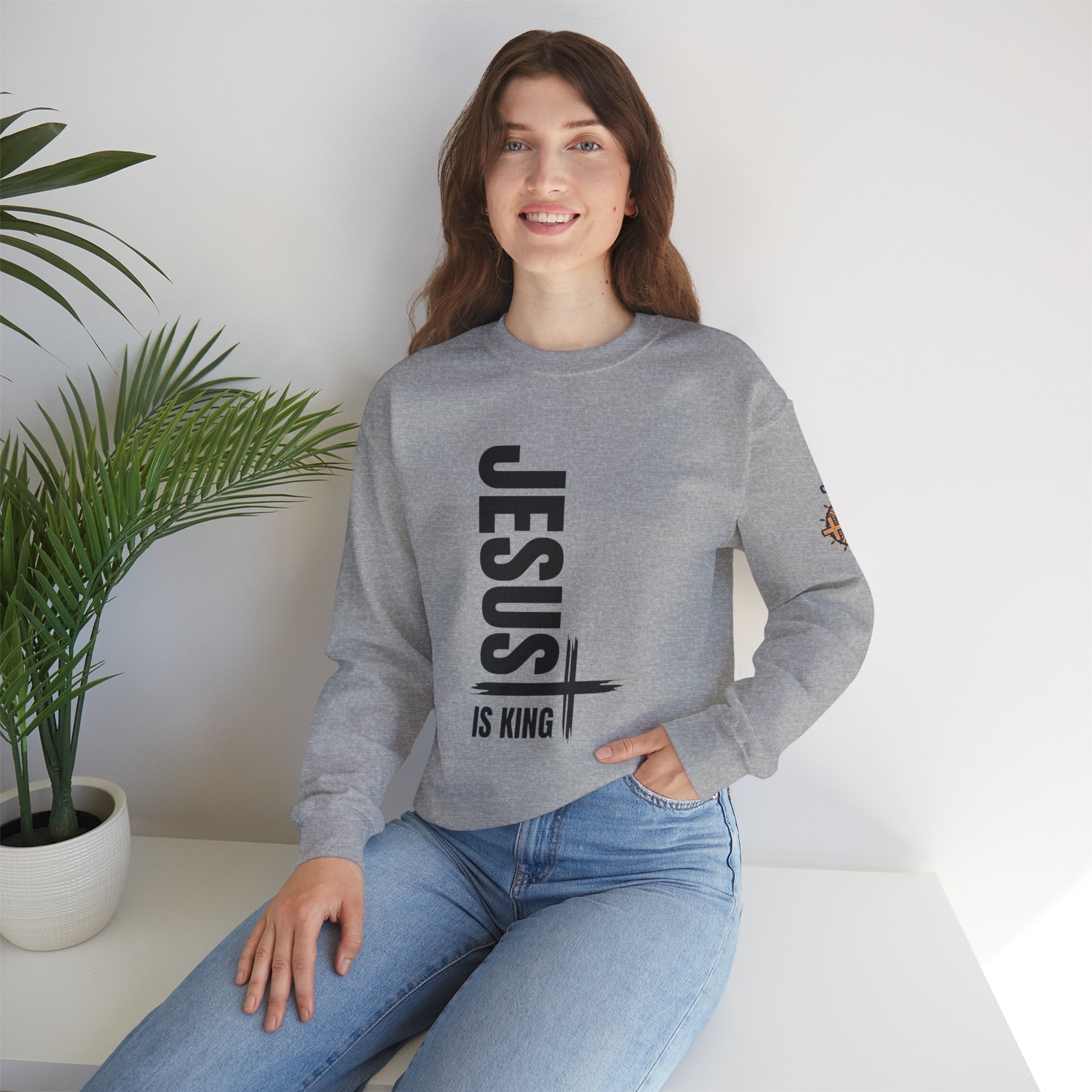 Jesus Is King Sweatshirt | Modern Typographic Cross Christian Sweatshirt Printify
