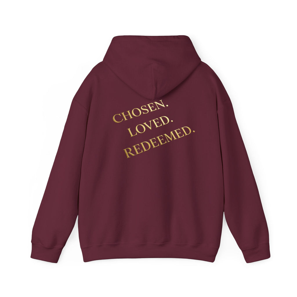 ✨ Chosen. Loved. Redeemed. – Elegant Christian Hoodie | Gold Foil Faith Tee | Subtle Cross & Heart Design | Inspirational Bible Verse Apparel by Uplifted Gear Printify