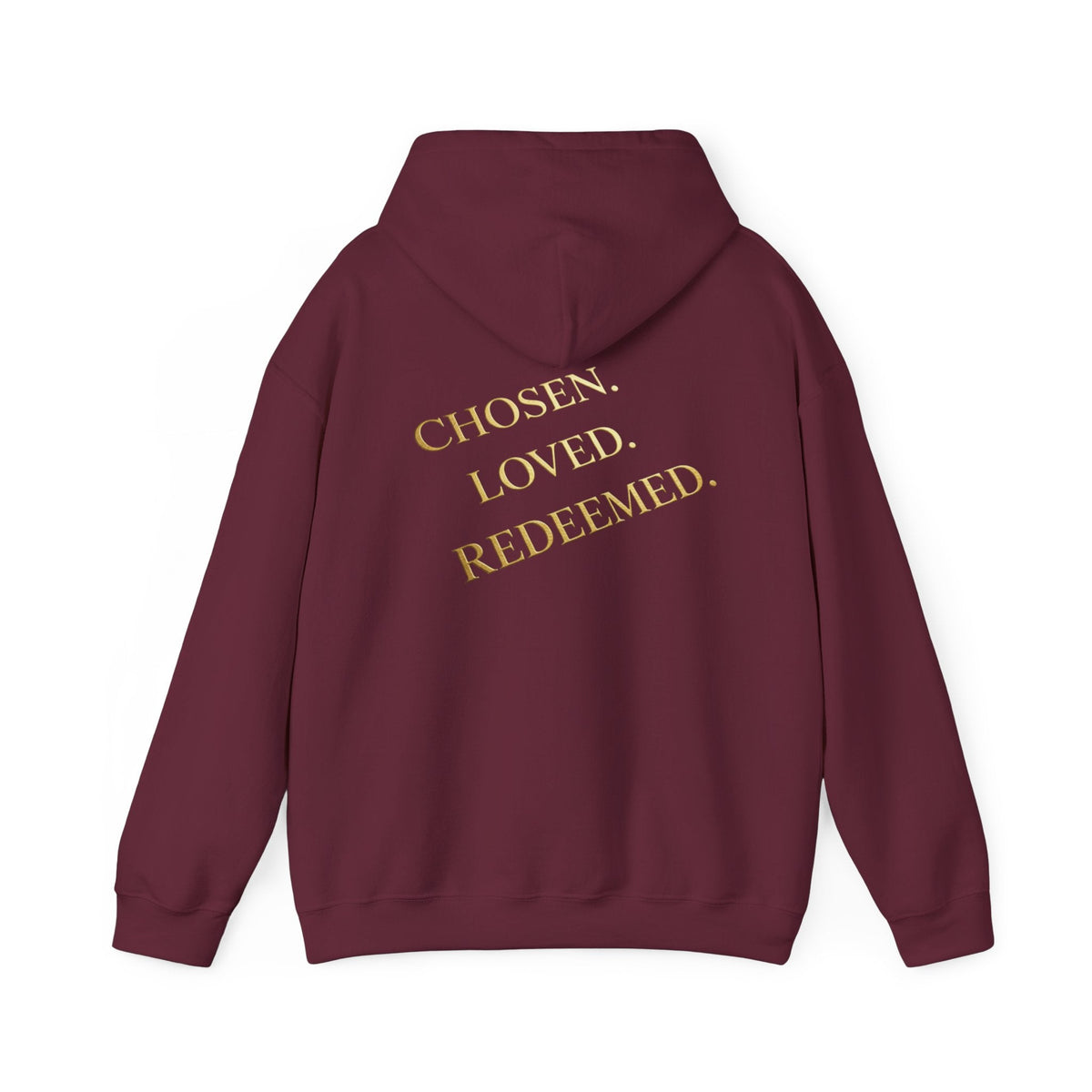 ✨ Chosen. Loved. Redeemed. – Elegant Christian Hoodie | Gold Foil Faith Tee | Subtle Cross & Heart Design | Inspirational Bible Verse Apparel by Uplifted Gear Printify