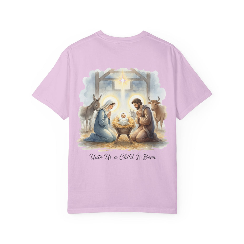 Unto Us a Child is Born T-shirt – Isaiah 9:6 Nativity Manger Scene Christian Christmas T-shirt for Holy Night Faith Printify