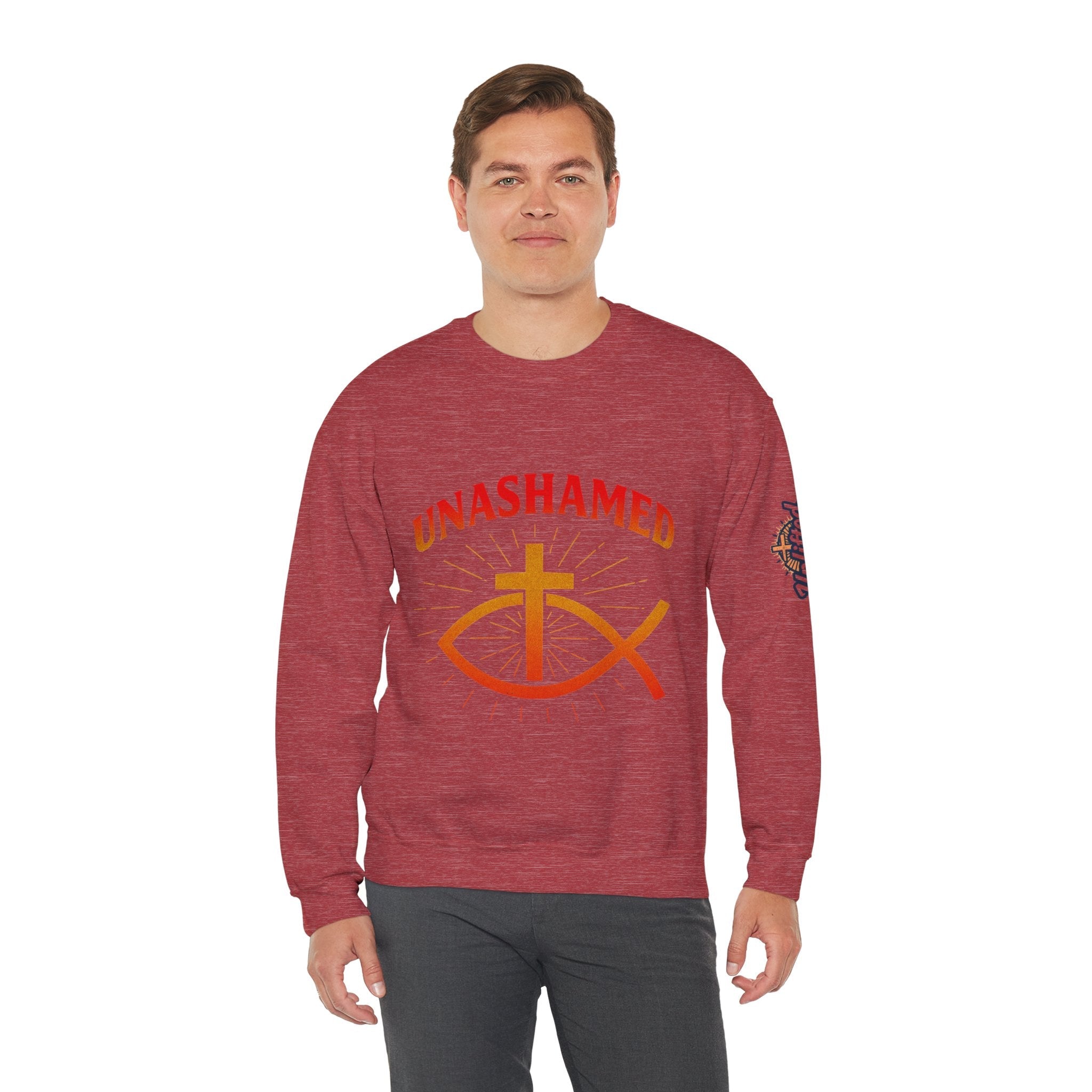 Unashamed Sweatshirt – Ichthys Jesus Fish & Cross Christian Sweatshirt for Romans 1:16 Bold Faith Printify